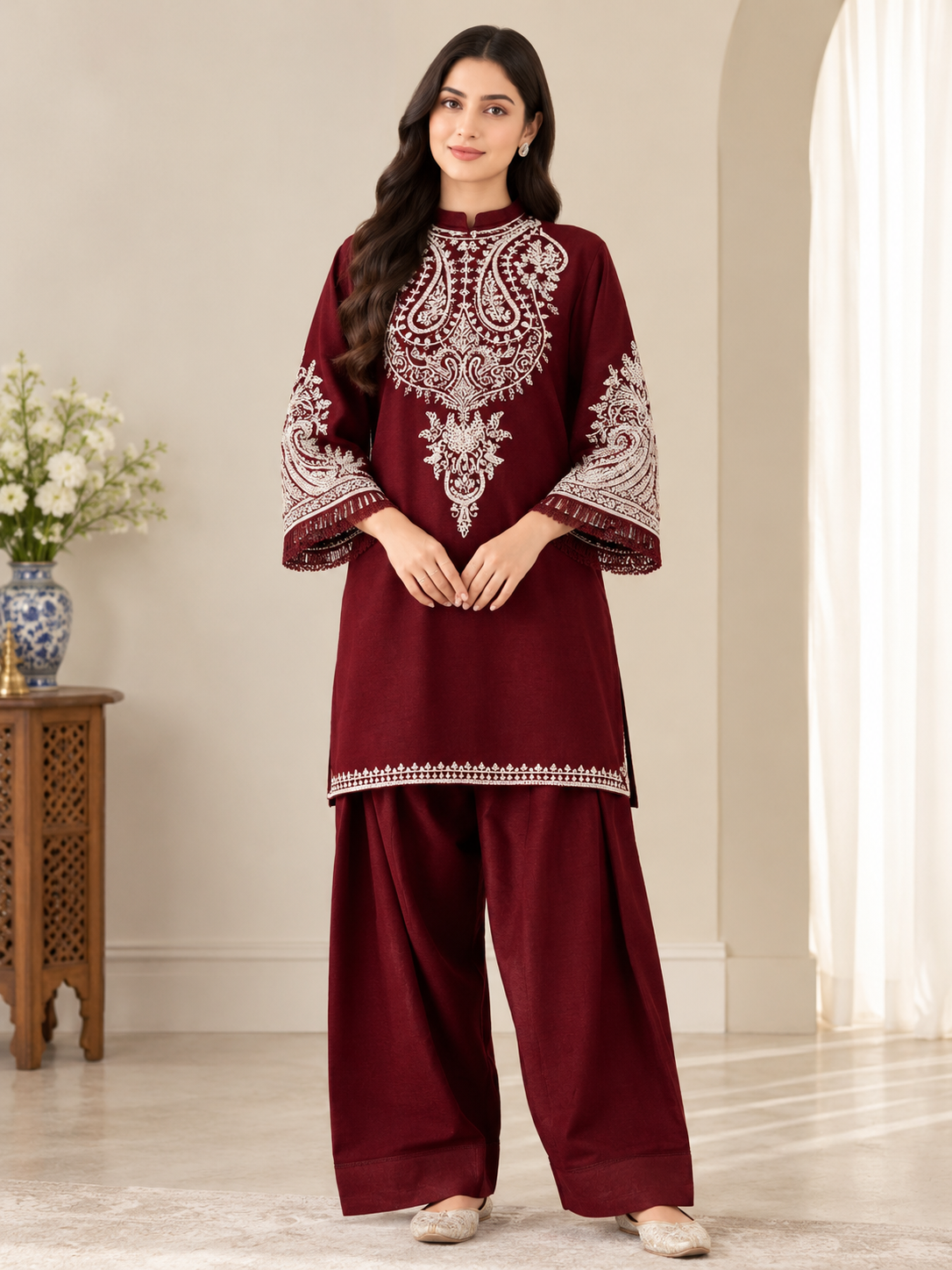 Elegant Maroon Premium Dhanak Embroidered 2-Piece Suit – Winter Collection 2026-27