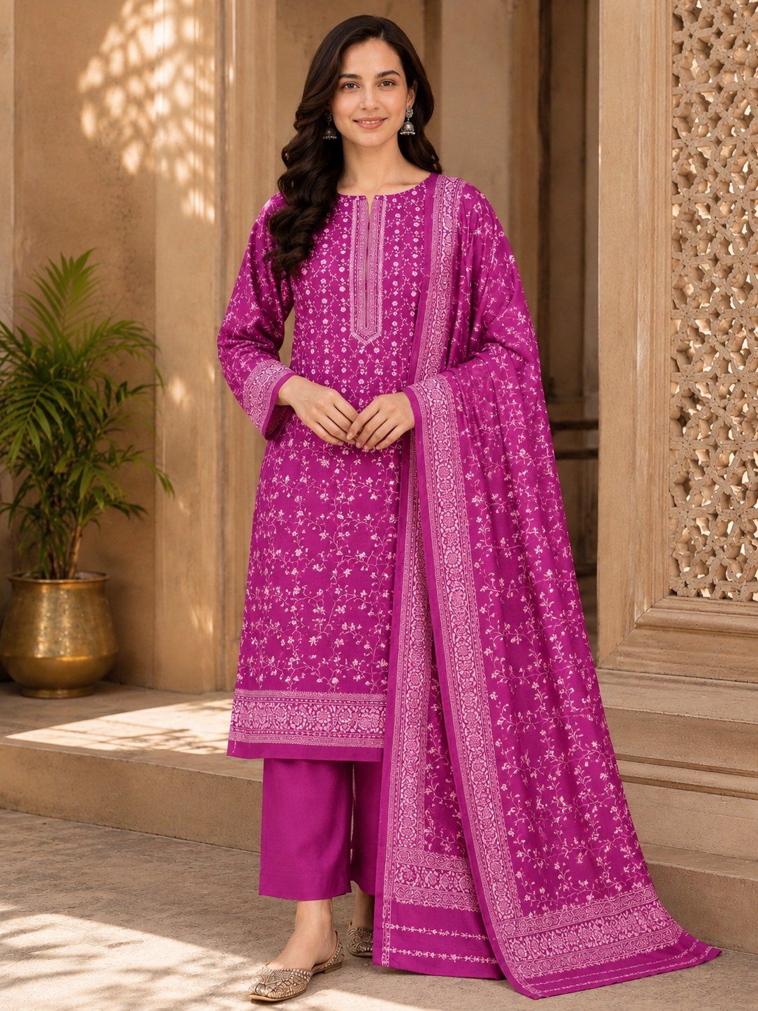 Fuchsia Pink Printed Kashmira Wool Marina 3 Piece