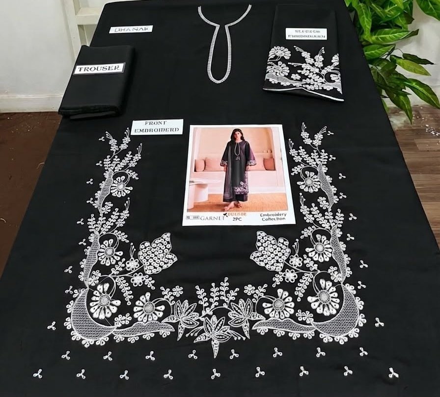 Classic Black Dhanak 2 Piece Embroidered Suit for Women | Embroidered Shirt & Trouser Winter Collection Image 2