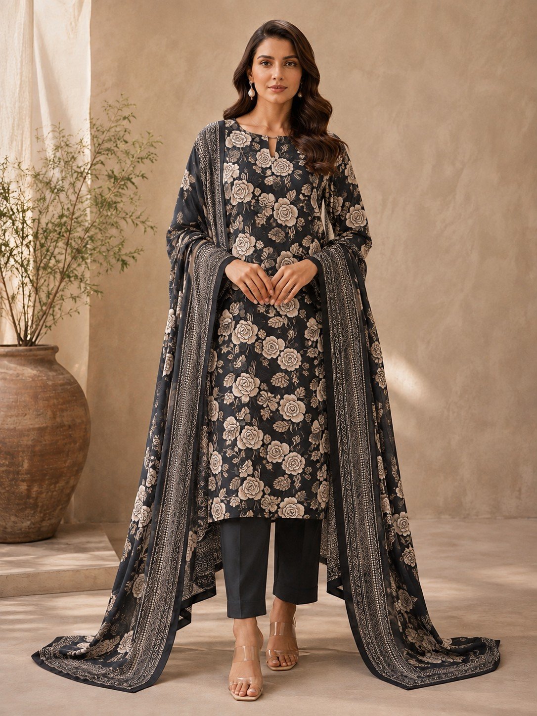 Black Charm Linen 3 Piece Suit – Digital Printed Collection Bonanza