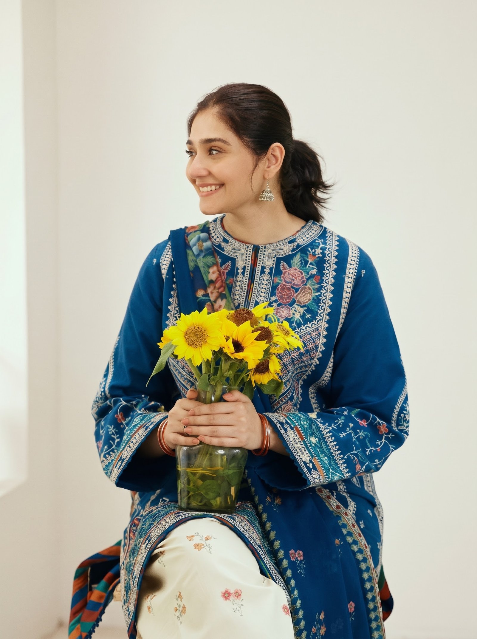 Oceanic Blue Pure Dhanak 3-Piece Embroidered Dress with Pashmina Wool Shawl Image 2