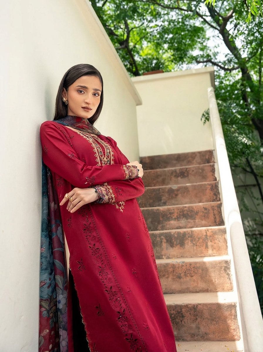 Red Wine Ethnic Pure Dhanak 3-Piece Embroidered Dress with Pashmina Wool Shawl