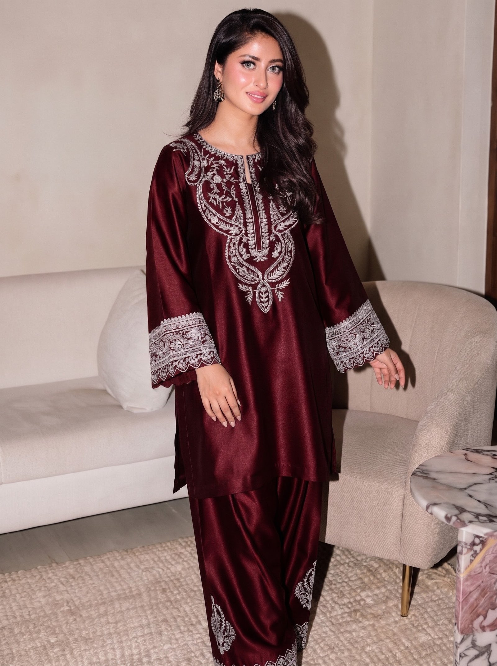 Deep Wine Elegant Heavy Embroidered Silk 2-Piece Unstitched Suit