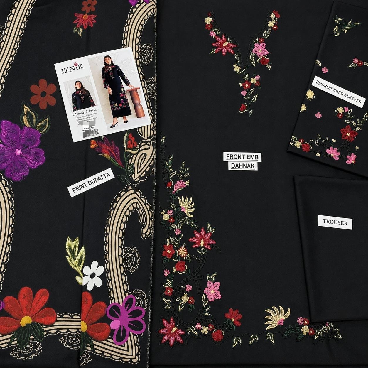 Deep Black Dhanak Embroidered 3-Piece Suit with Pashmina Shawl – Daman Shiffli Work Image 2