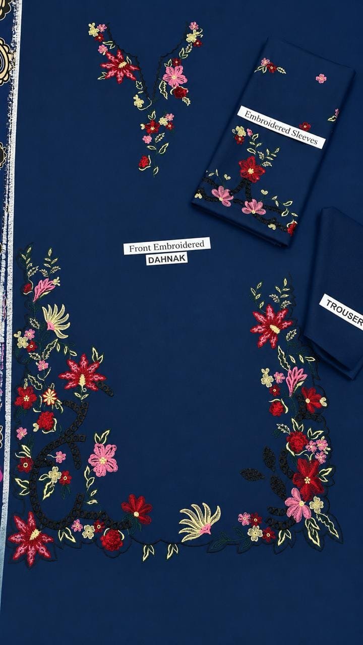 Navy Blue Dhanak Embroidered 3-Piece Suit with Pashmina Shawl – Daman Shiffli Work Image 3