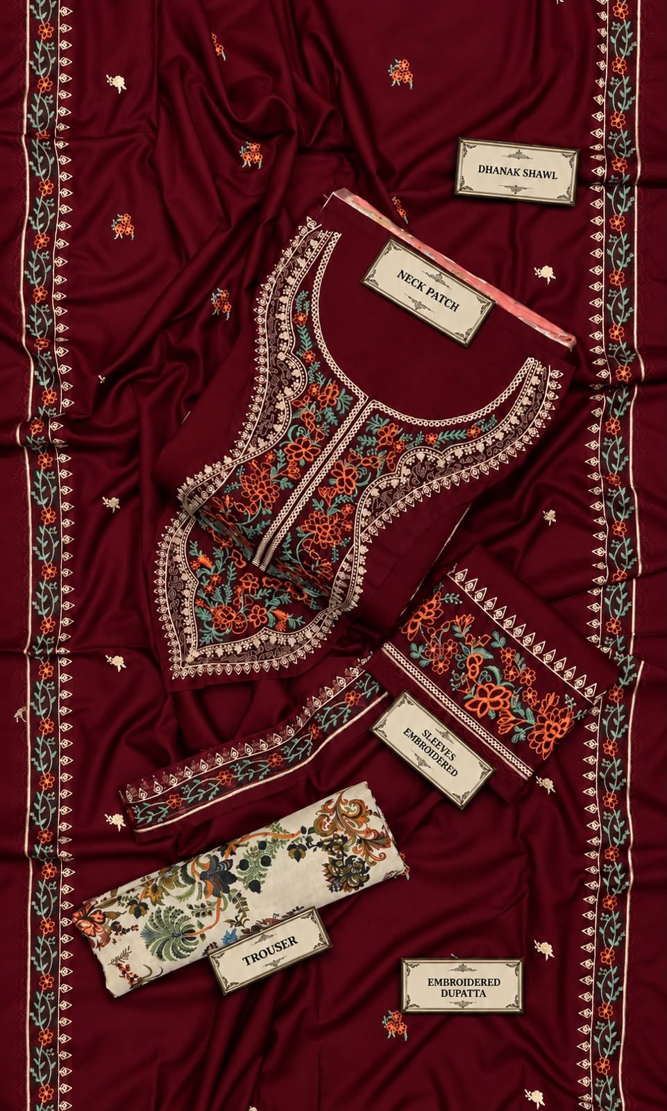 Maroon Red Winter Dhanak 3 Piece Embroidered Suit with Shawl & Printed Karandi Trouser Image 3