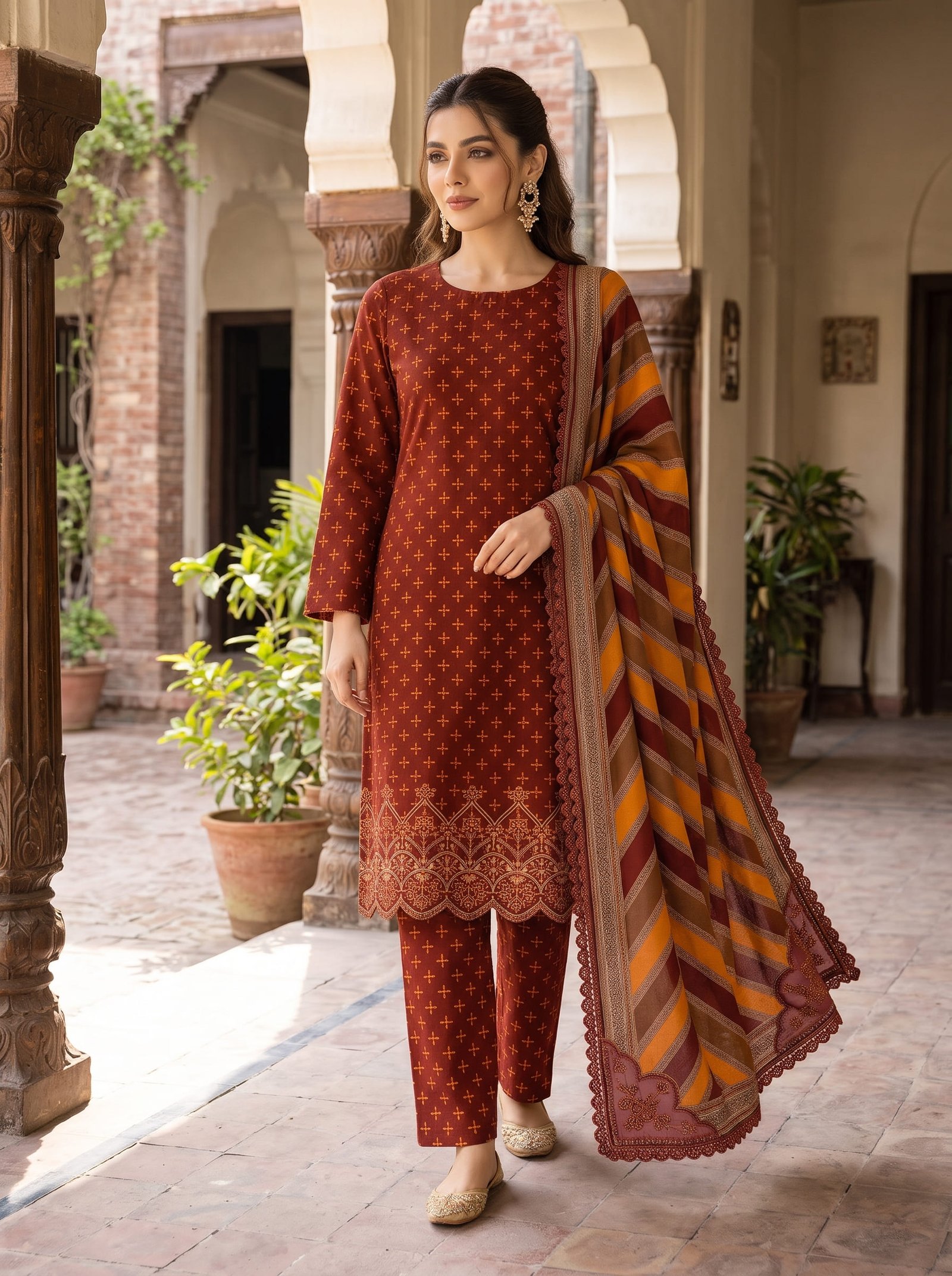 Mahpara Khaddar Printed 3-Piece Suit with Embroidered Daman & Laser-Cut Detailing Image 2