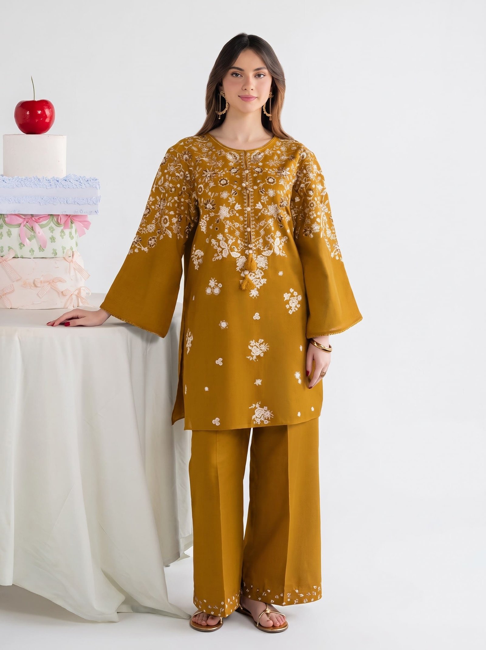Golden Aura – Mustard Embroidered Dhanak 2PC