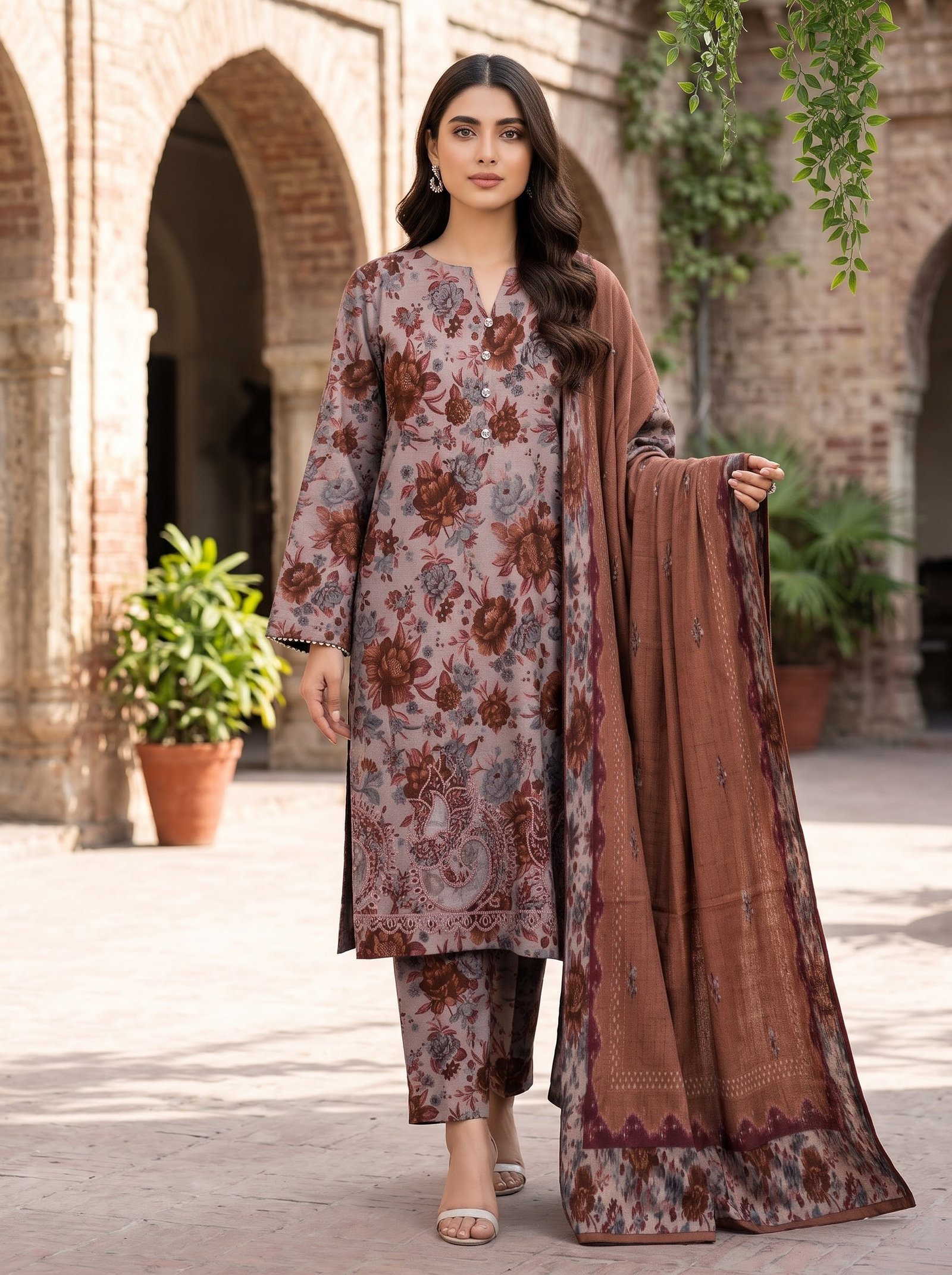 Gul Bahar Khaddar Printed 3-Piece Suit with Embroidered Daman & Laser-Cut Detailing
