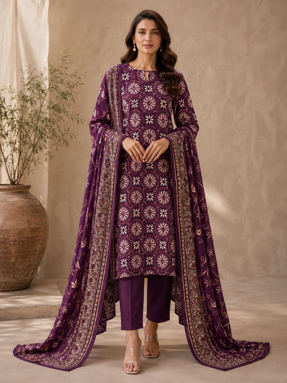 Velvet Plum Linen 3 Piece Suit – Digital Printed Collection Bonanza