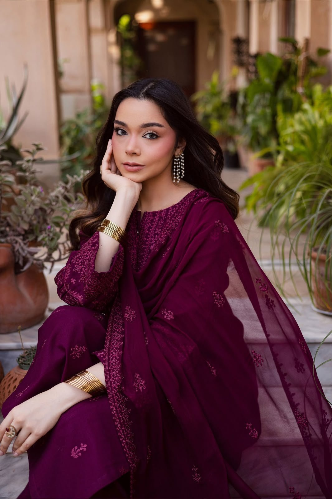 Plum Charm 3-Piece Dhanak Embroidered Suit with Chiffon Embroidered Dupatta Image 2