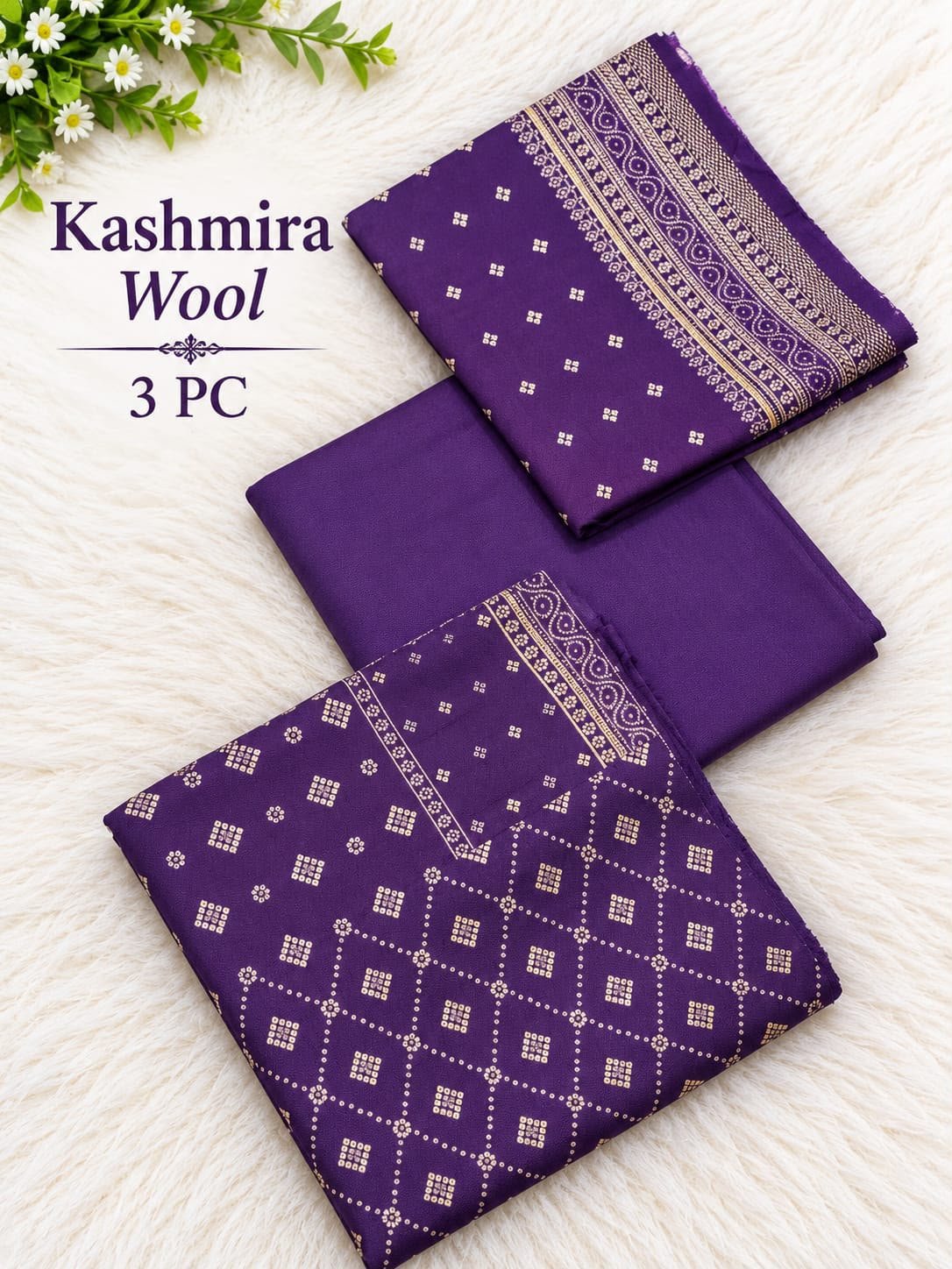 Dark Purple Printed Kashmira Wool Marina 3 Piece Image 2