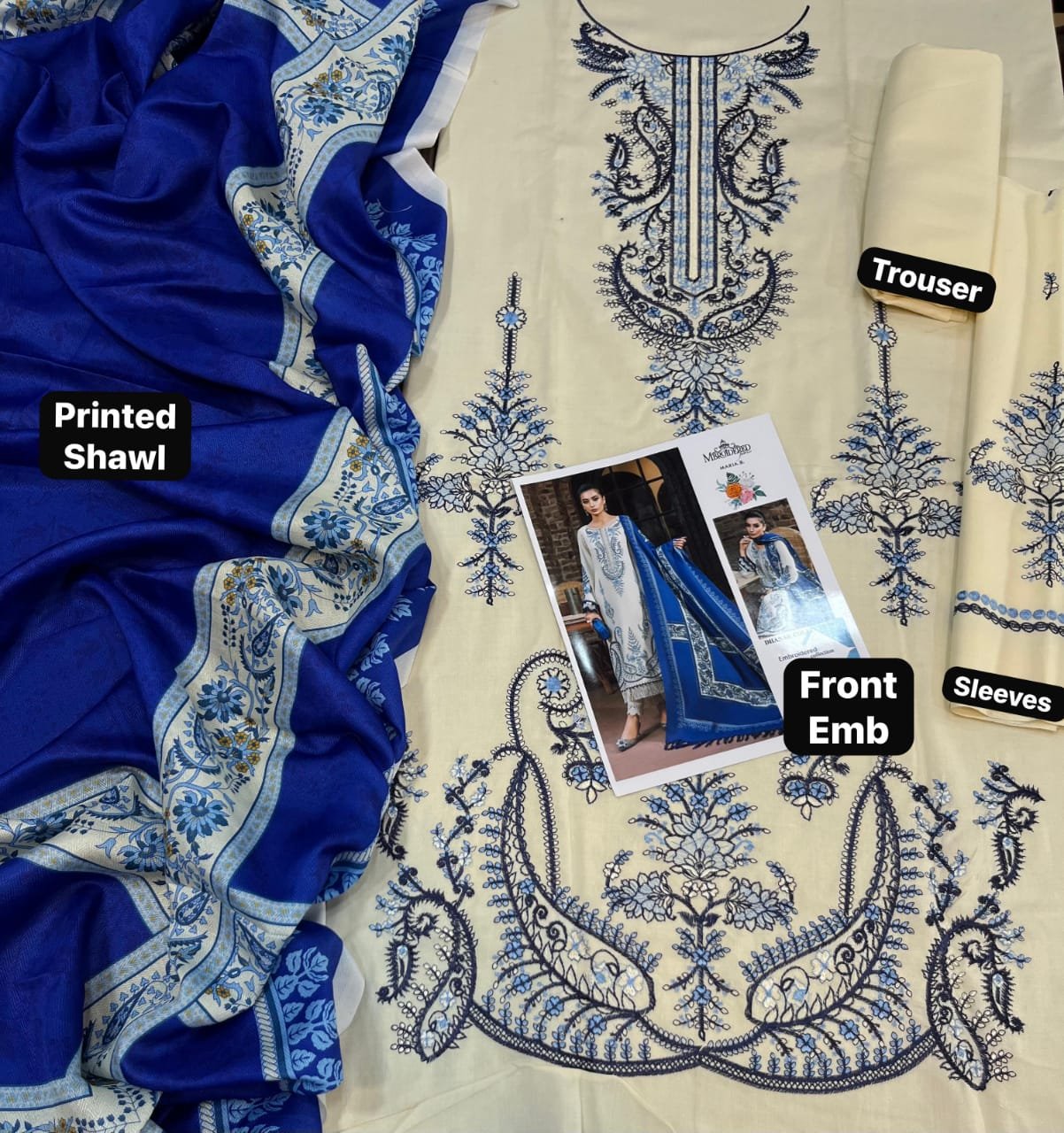 Premium Ivory & Blue Dhanak Embroidered Winter Collection with Pashmina Shawl Image 2