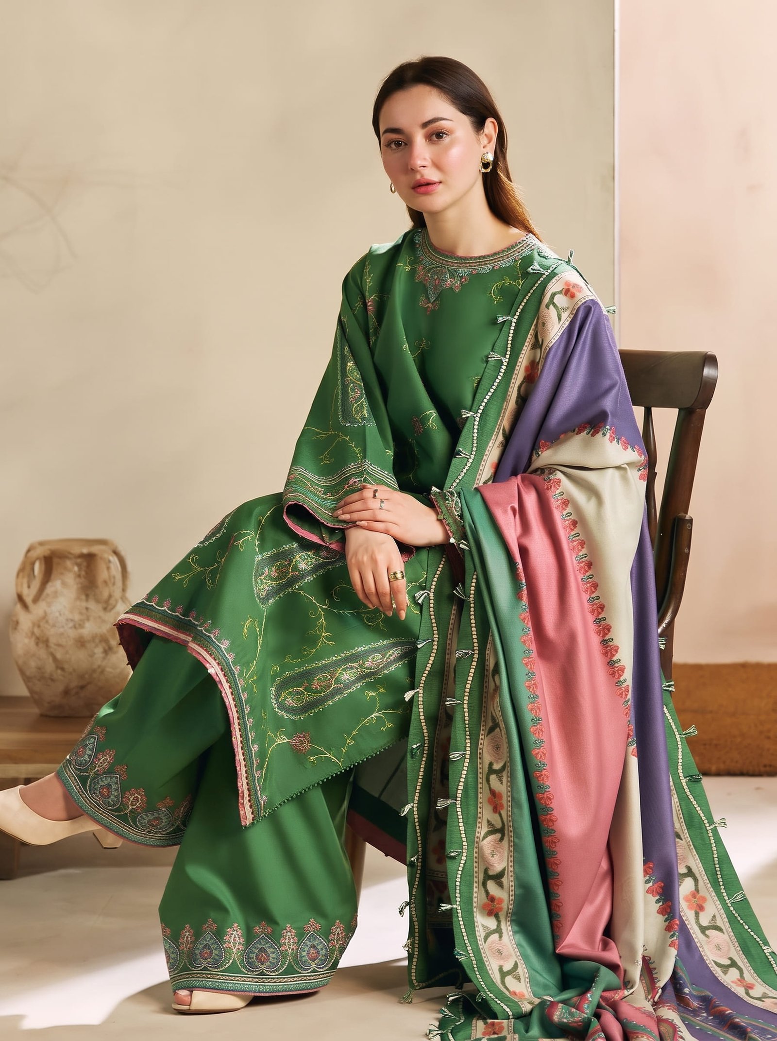 Lime Whisper Pure Dhanak 3-Piece Embroidered Dress with Pashmina Wool Shawl