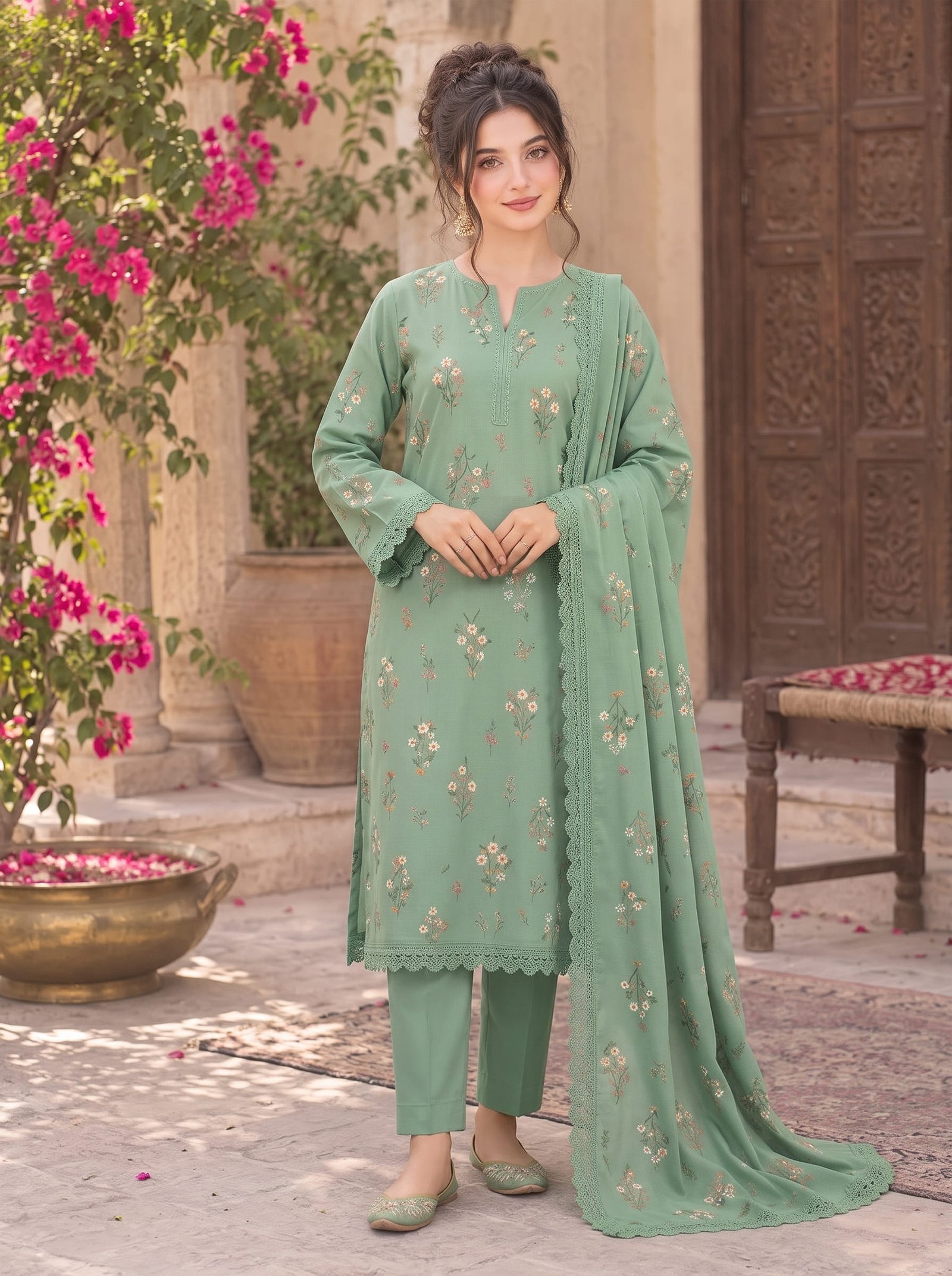 Soft Mint Dhanak Embroidered 3 Piece Suit with Dhanak Shawl