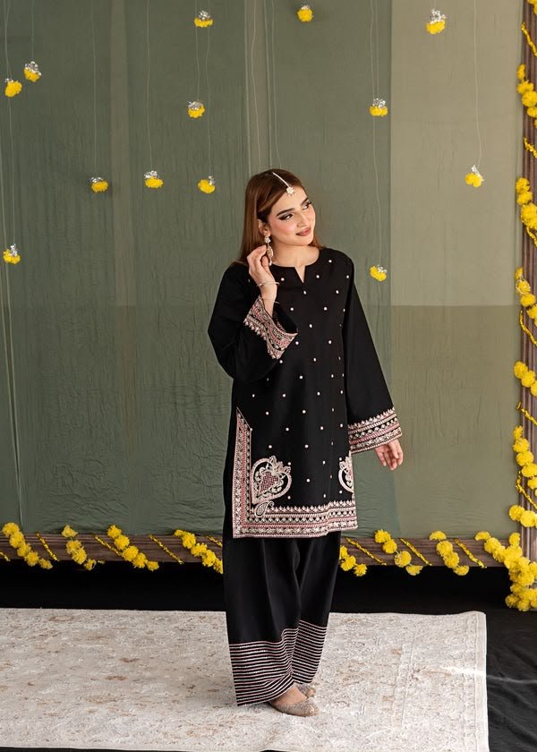 Midnight Elegance – Black Embroidered Dhanak 2PC