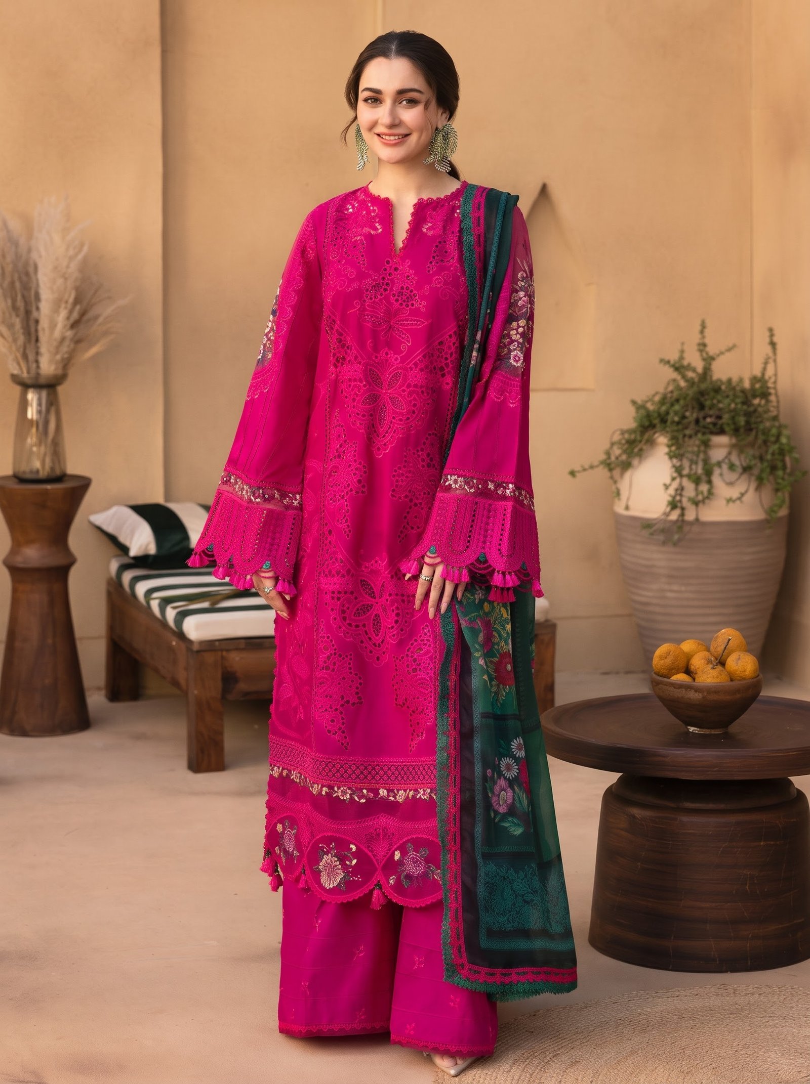 Warm Fuchsia Pure Dhanak 3-Piece Embroidered Dress with Pashmina Wool Shawl Image 2
