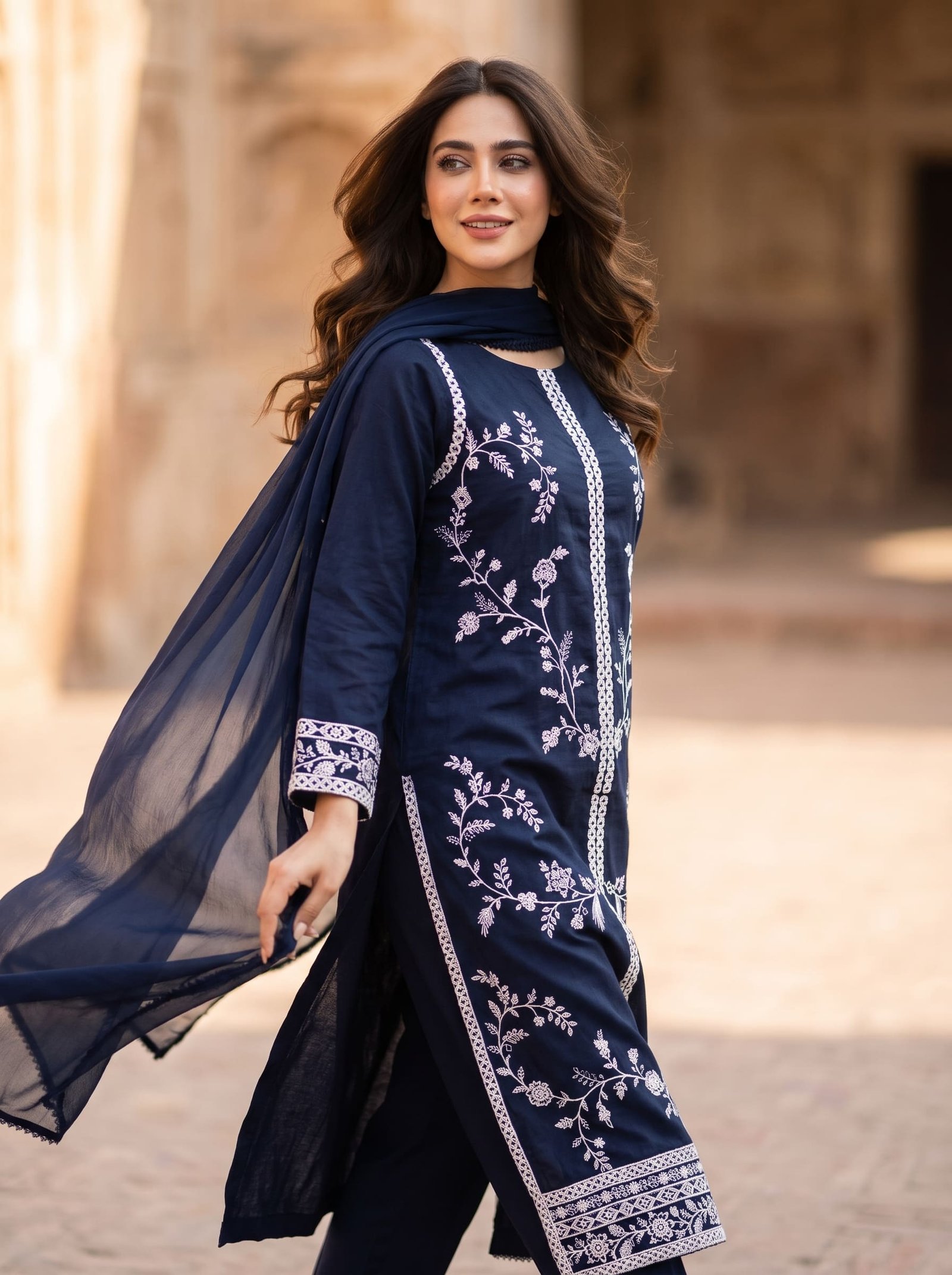 Cobalt Charm Pure Dhanak 3-Piece Embroidered Dress with Pashmina Wool Shawl