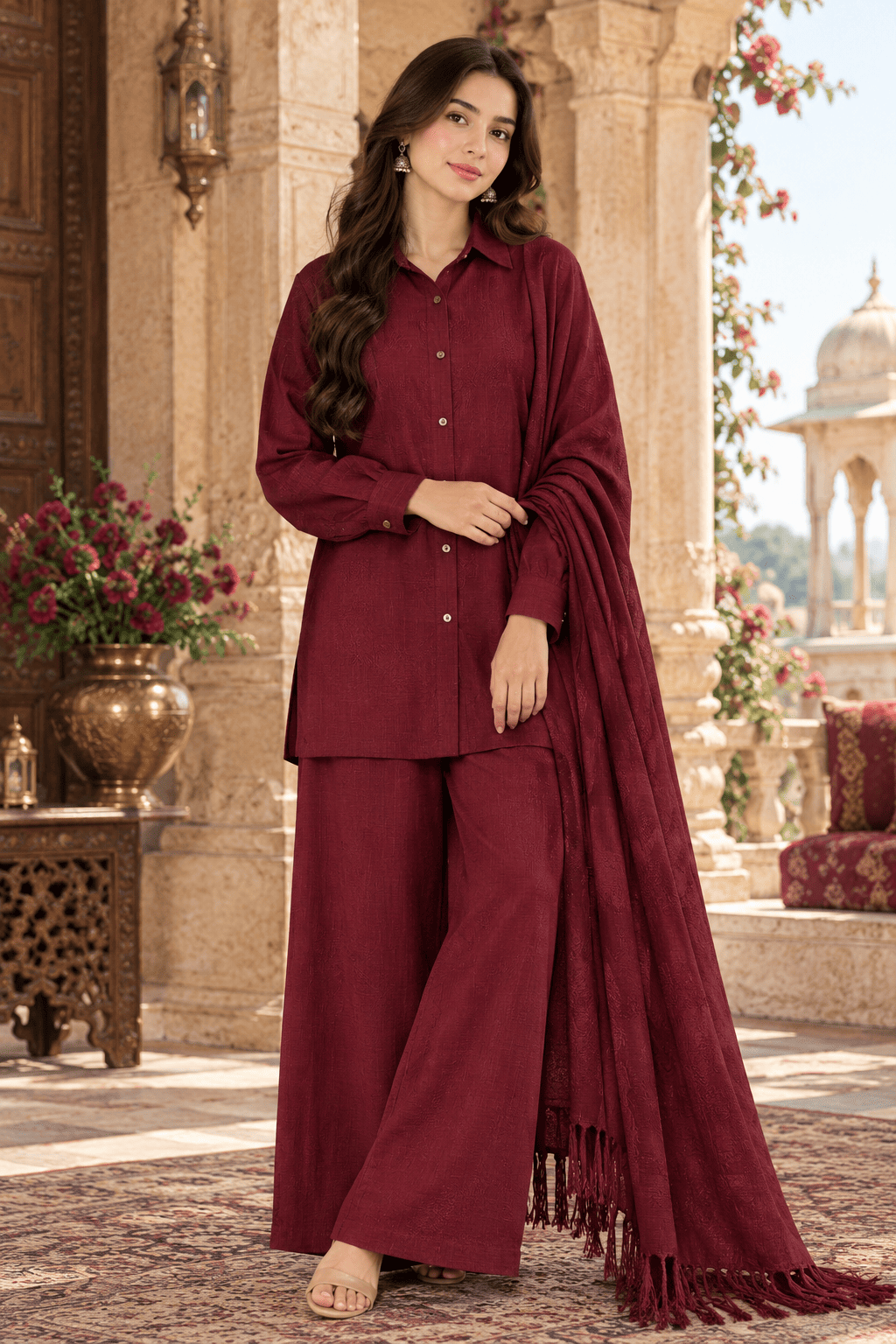 Burgundy Royale Pure Dhanak 3-Piece Winter Suit with Fancy Shawl