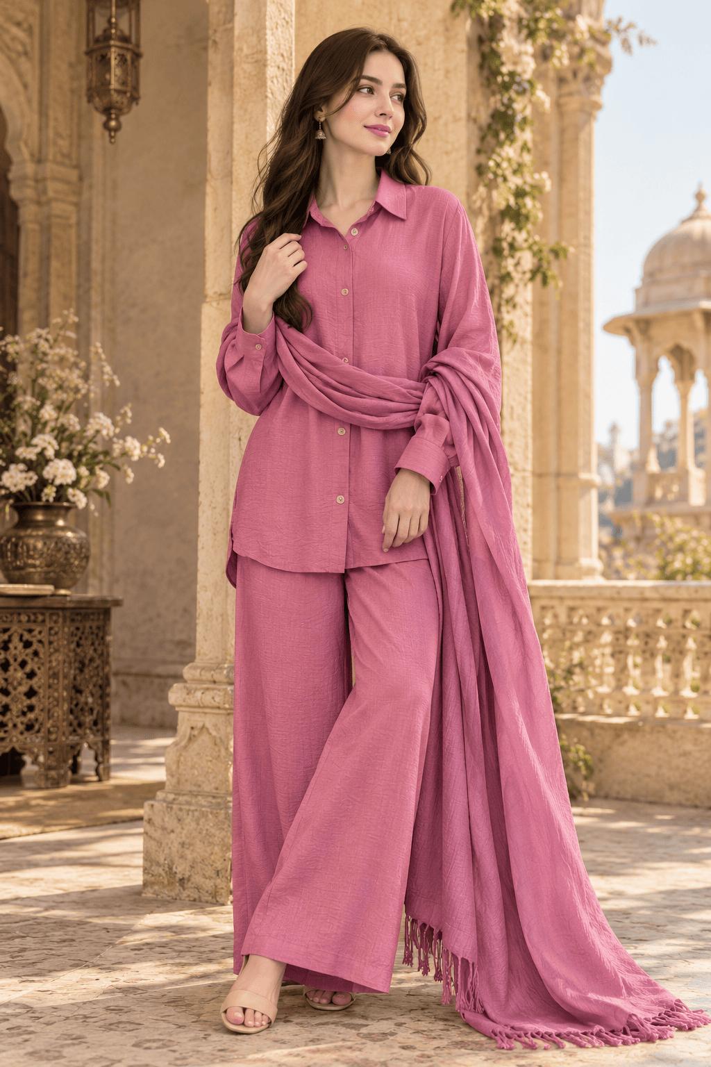 Rose Blush Pure Dhanak 3-Piece Winter Suit with Fancy Shawl
