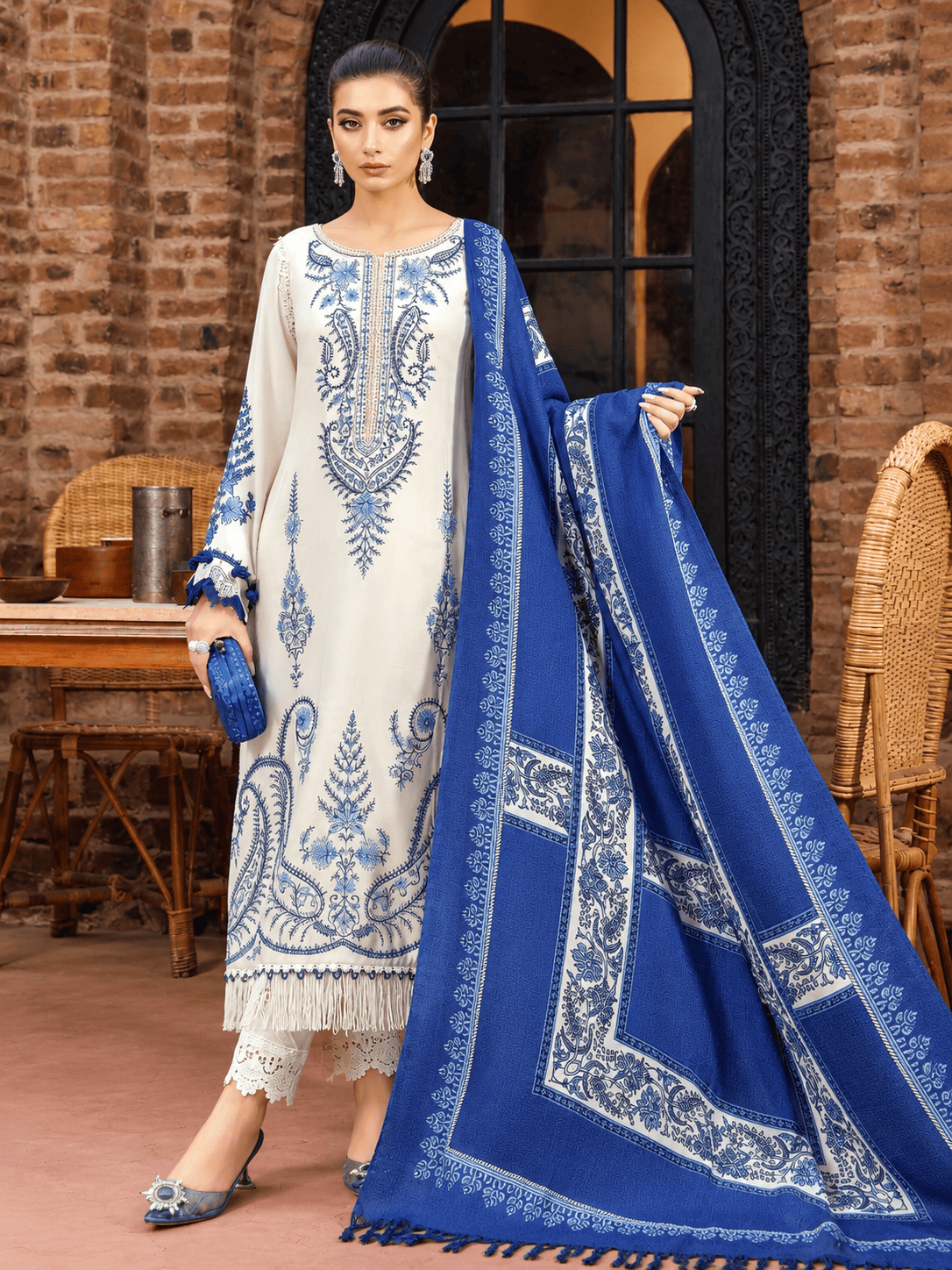 Premium Ivory & Blue Dhanak Embroidered Winter Collection with Pashmina Shawl