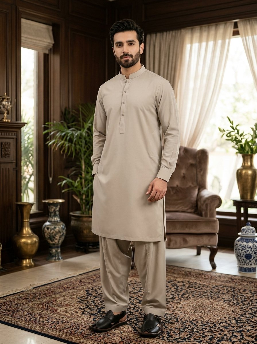 Elegant Beige Men’s Tropical Wash & Wear Fabric – 4 Meter Unstitched Suit
