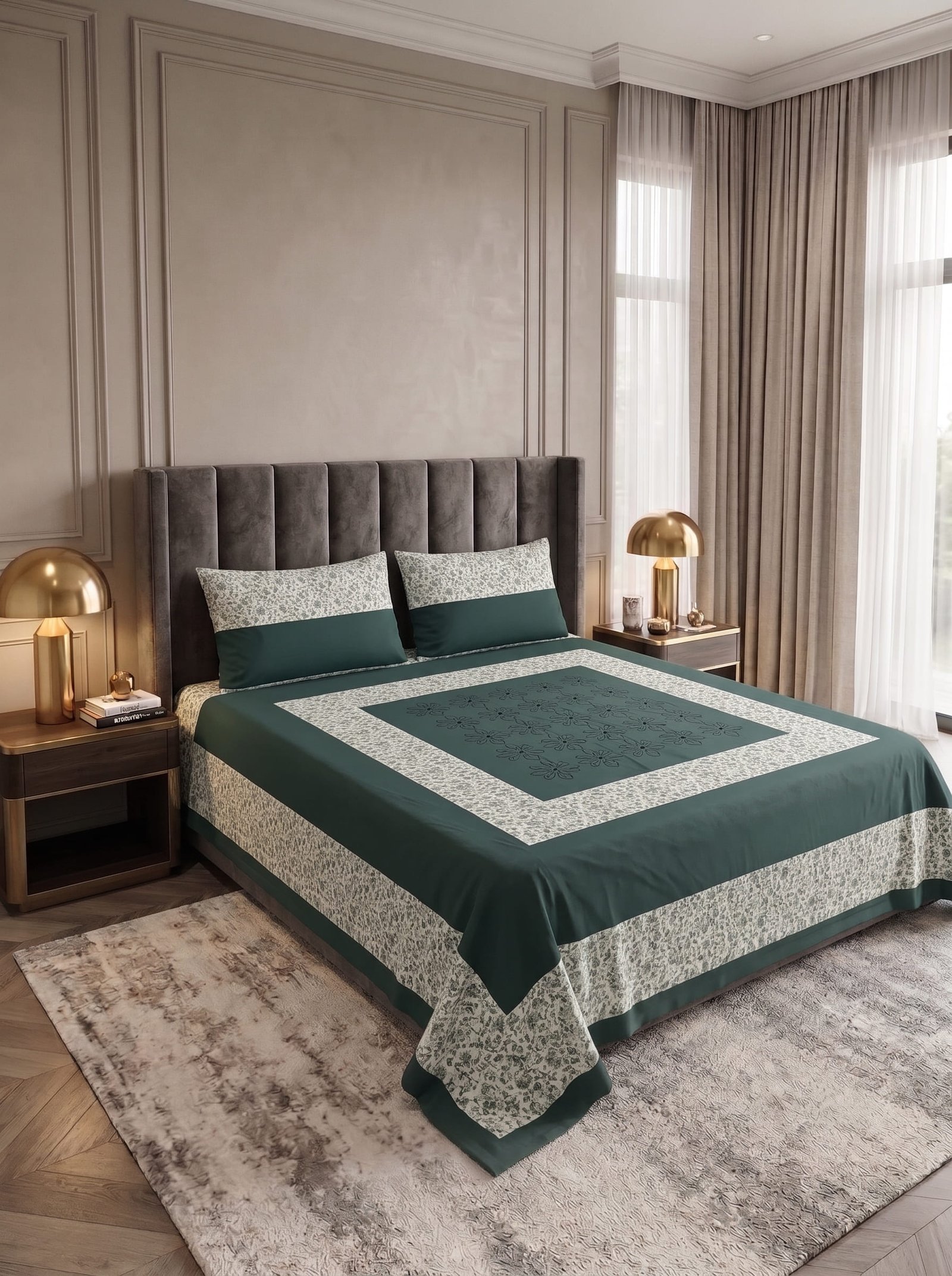 King Size Cotton Patchwork Bedsheet – Embroidered & Panel Design