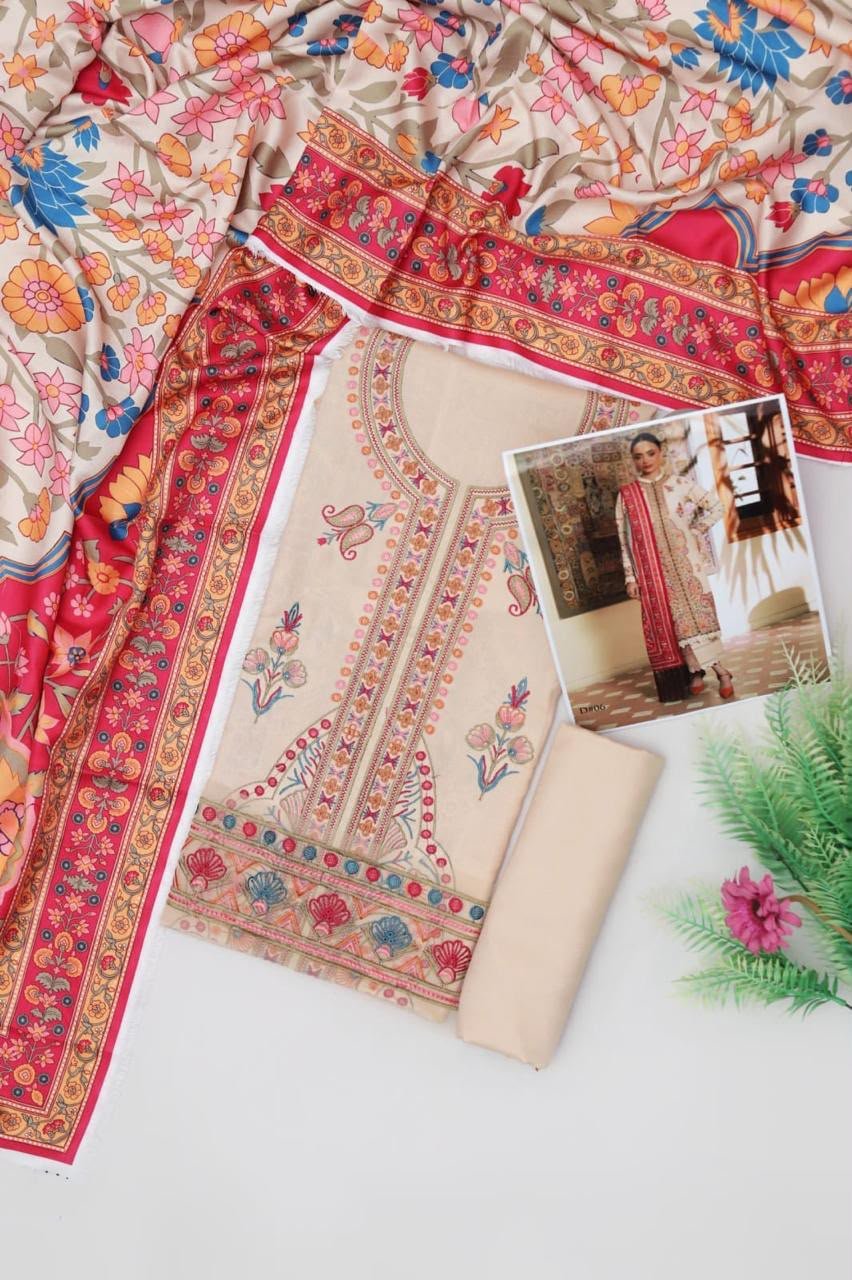 Mehr e Kashish Embroidered Dhanak 3-Piece Suit with Digital Printed Wool Shawl Image 2