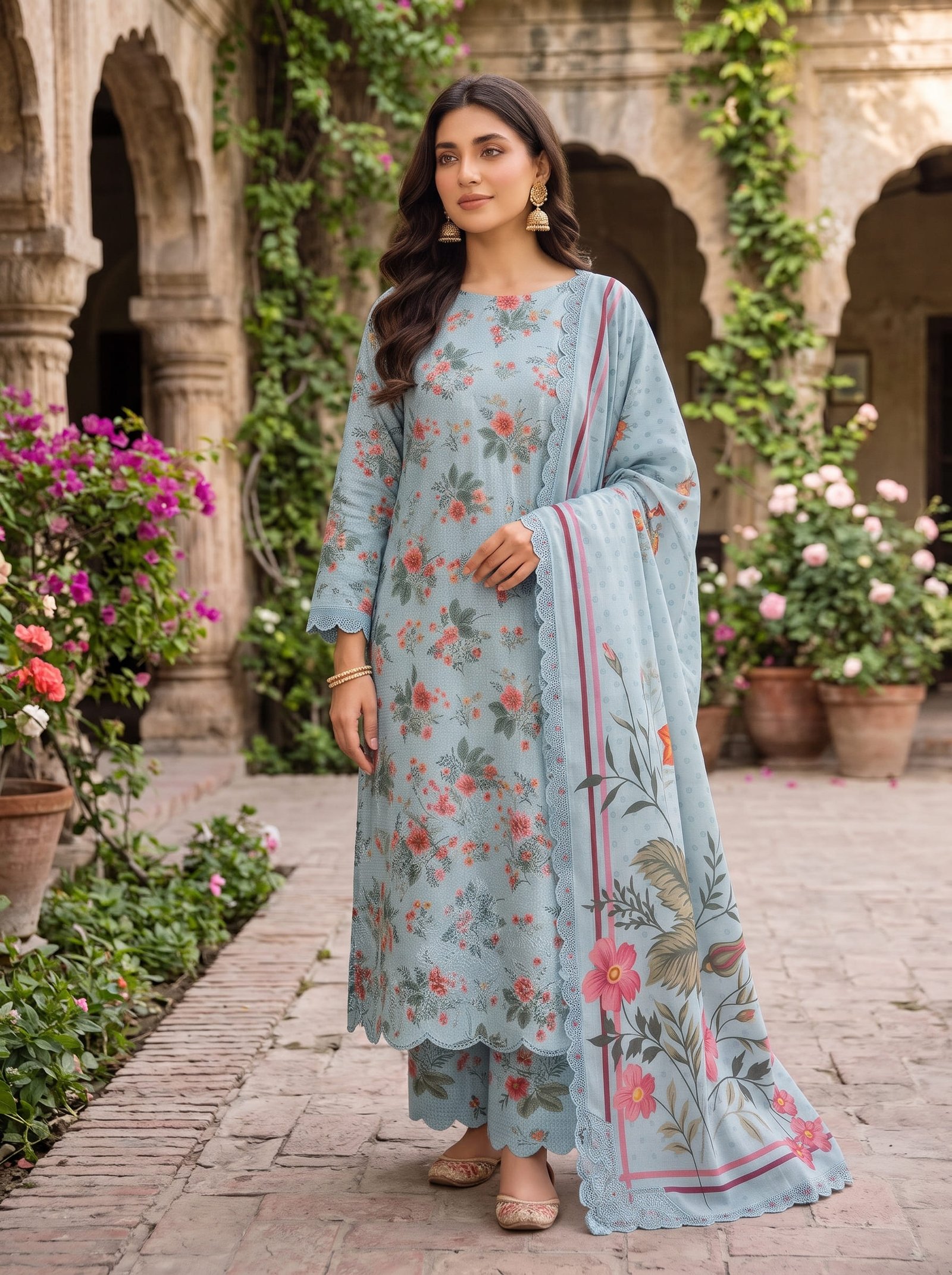 Gul Bano Khaddar Printed 3-Piece Suit with Embroidered Daman & Laser-Cut Detailing Image 2