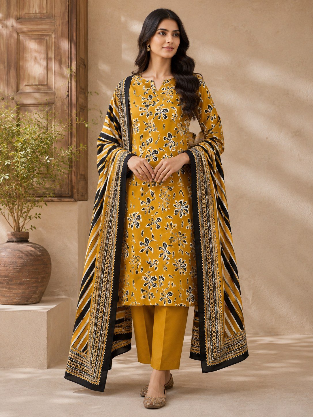 Mustard Linen 3 Piece Suit – Digital Printed Collection Bonanza