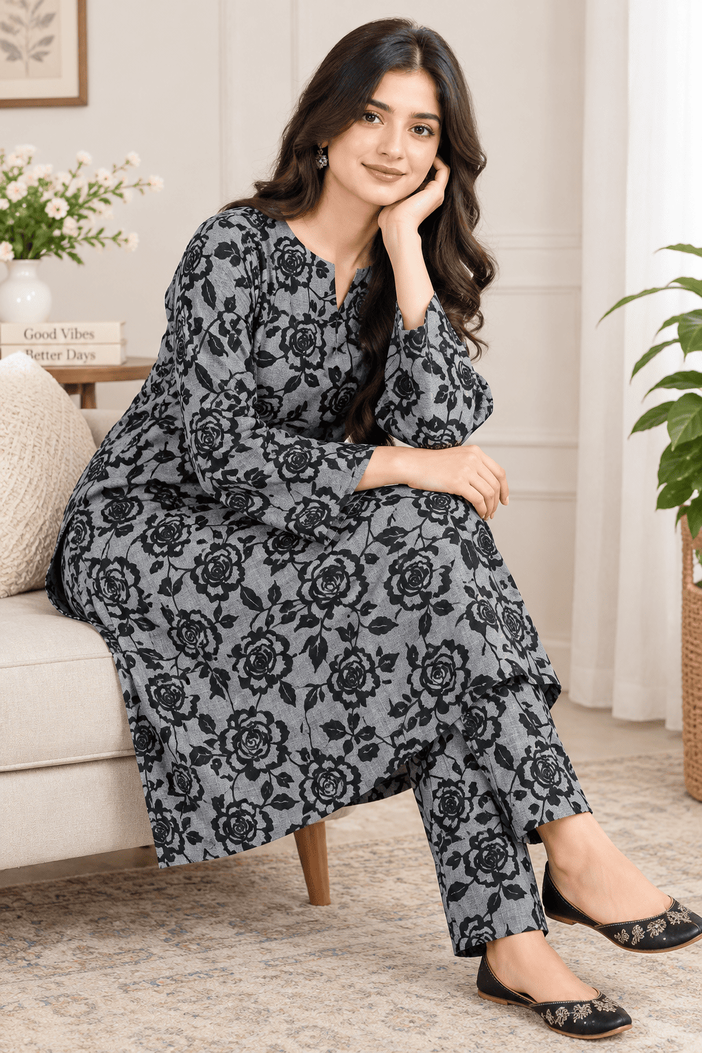 Silver Rose Print Khaddar 2 Piece Suit – Digital Printed Winter Collection