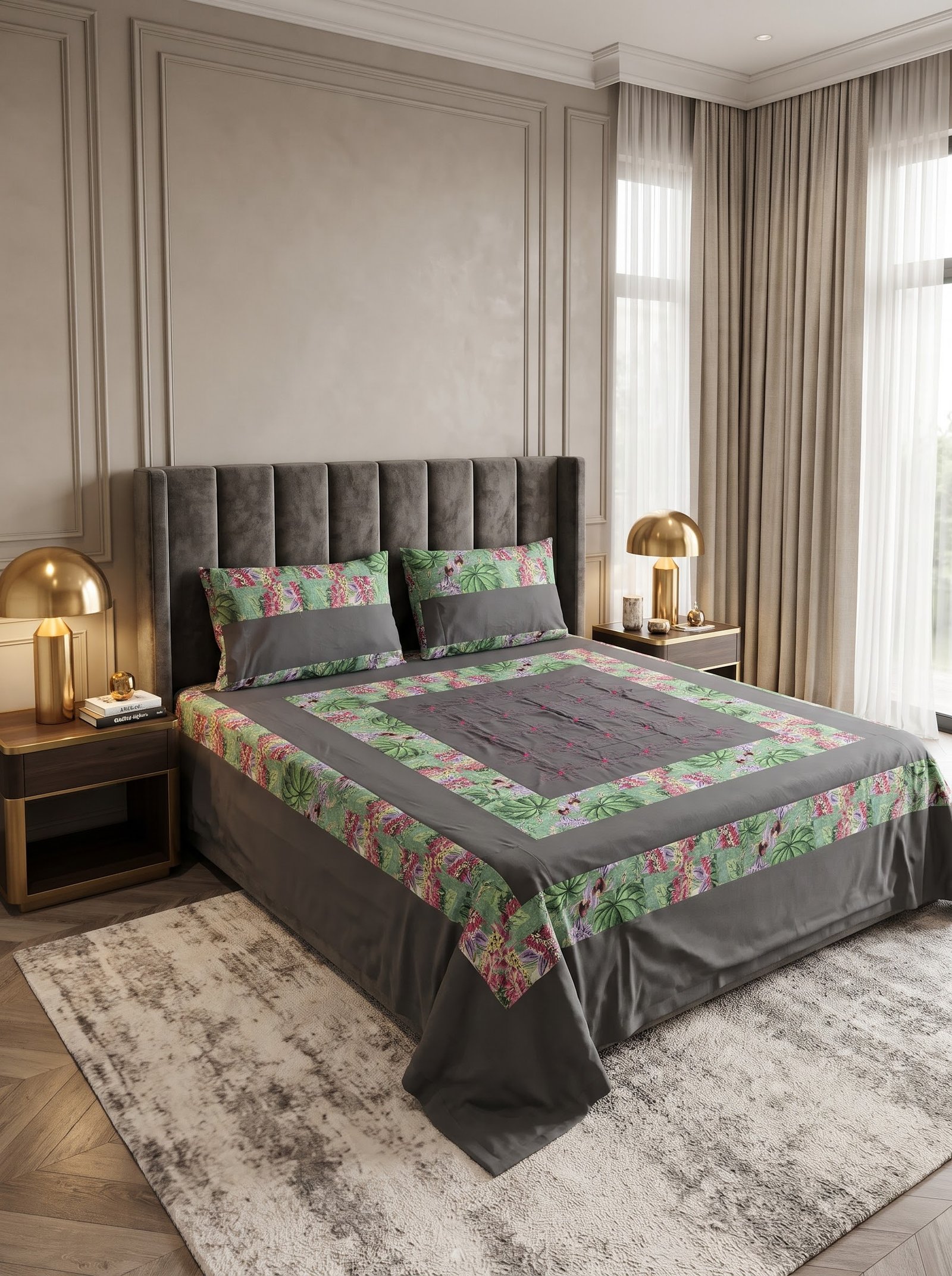 King Size Cotton Patchwork Bedsheet – Embroidered & Panel Design