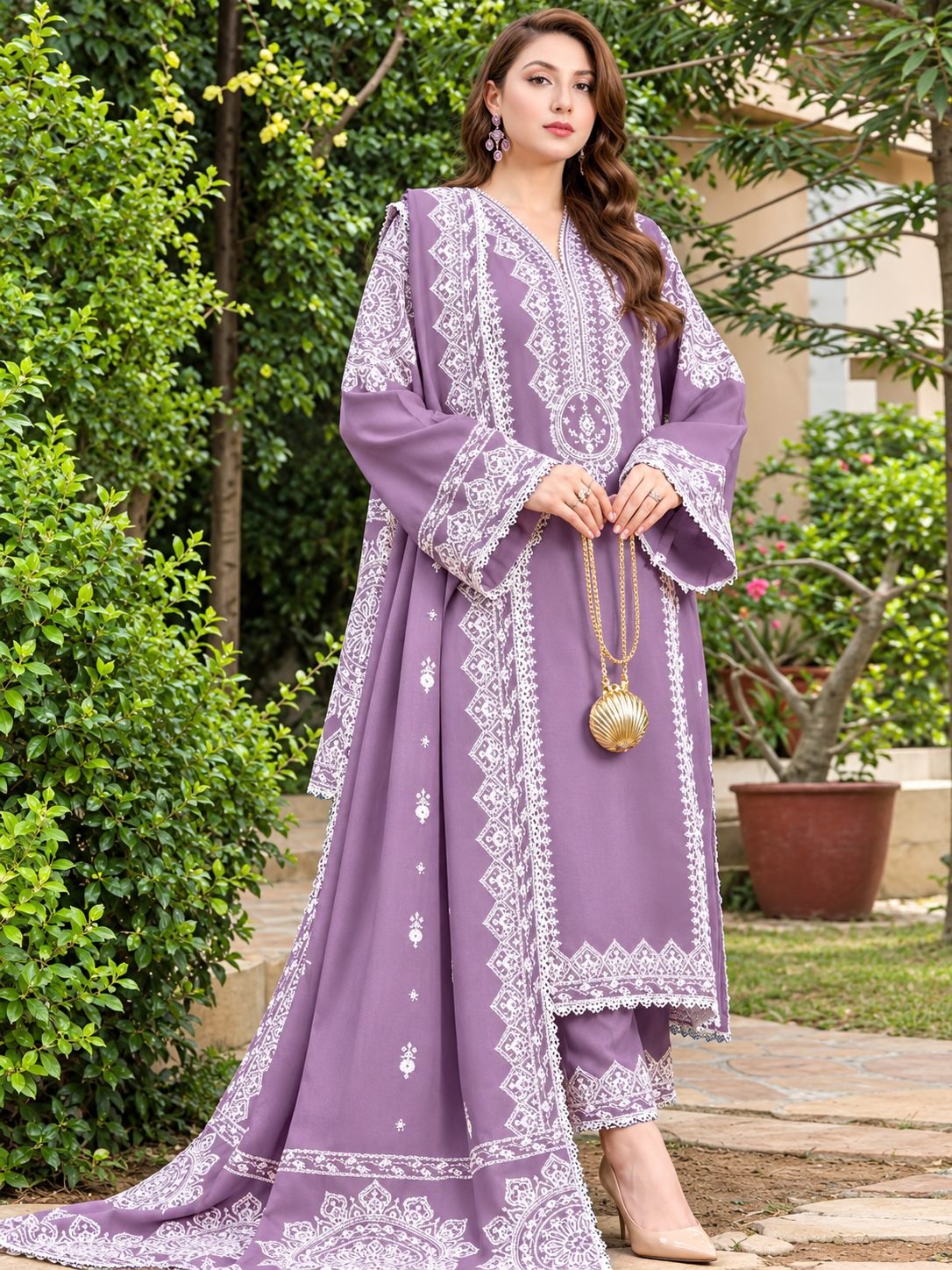 Premium Lavender Dhanak Embroidered Winter Collection with Pashmina Shawl