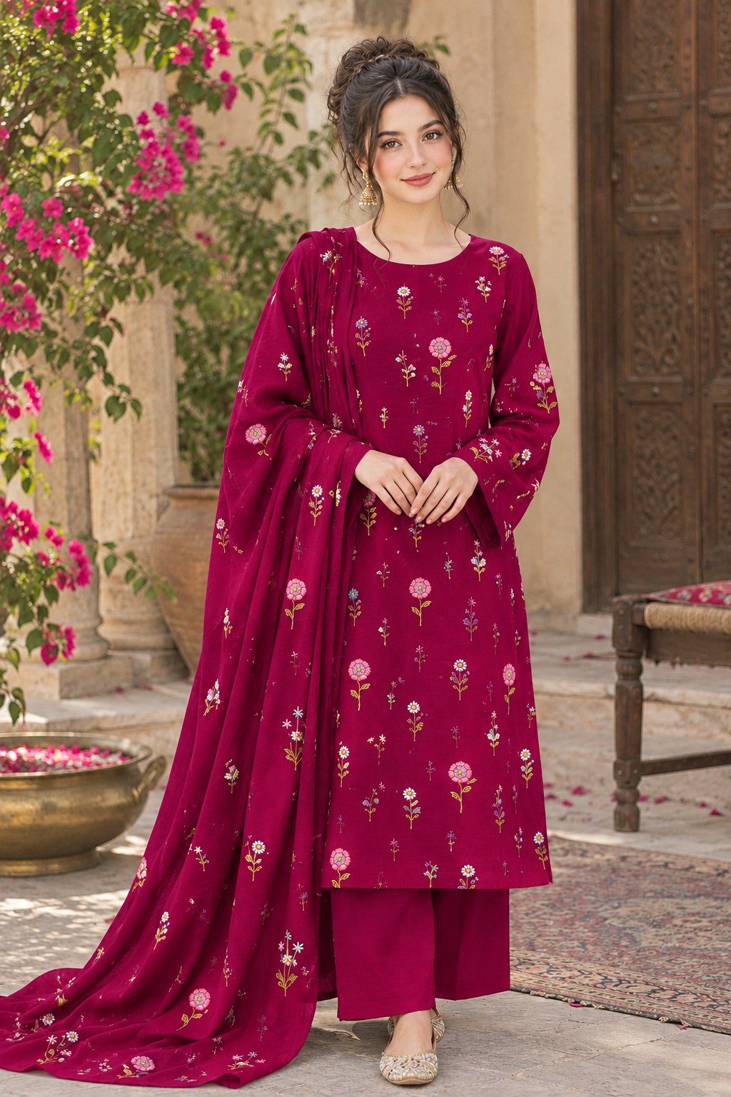 Magneta Dhanak Embroidered 3 Piece Suit with Dhanak Shawl