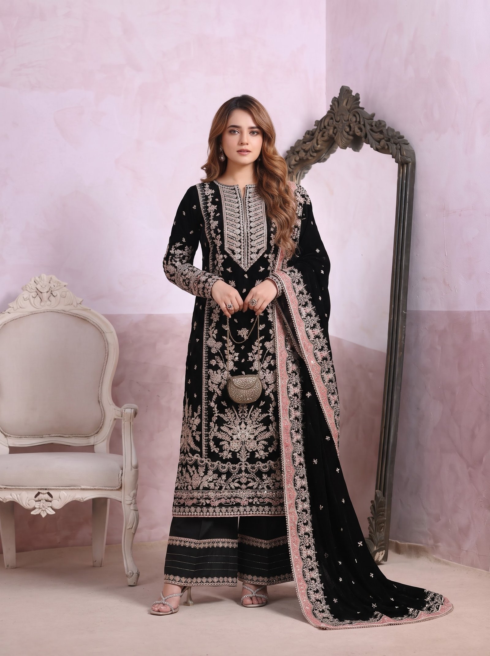 Midnight Majesty – Exclusive Black Velvet Luxury 3-Piece Suit with Heavy Multishade Embroidery & Chiffon Dupatta Image 2