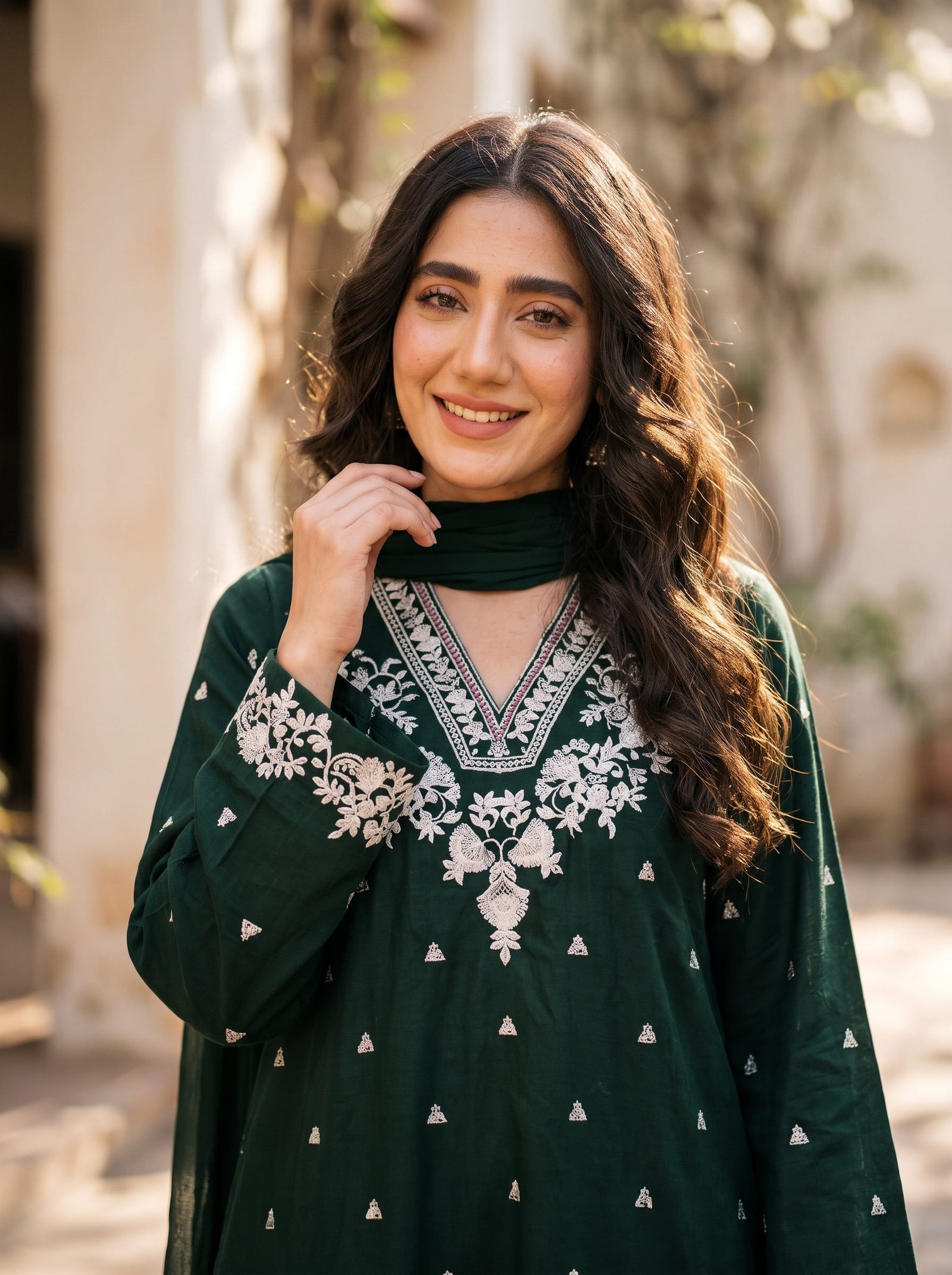 Green Opulence Pure Dhanak 3-Piece Embroidered Dress with Pashmina Wool Shawl Image 2