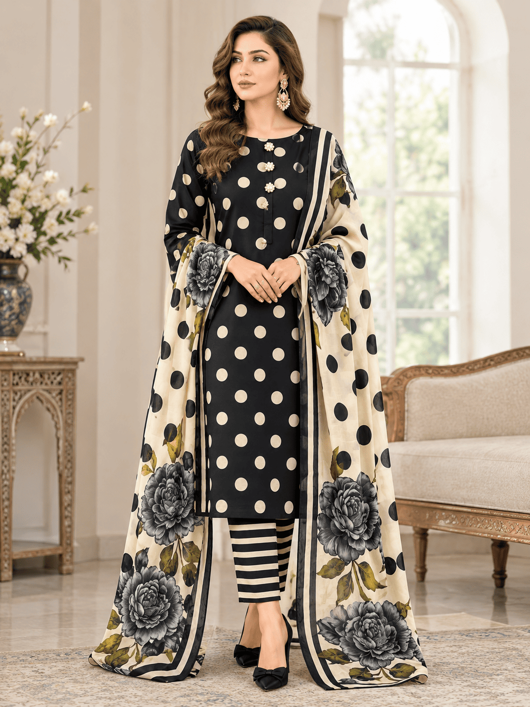 Polka Dot Digital Printed Silk 3 Piece Unstitched Suit 2026 | Premium Silk Collection