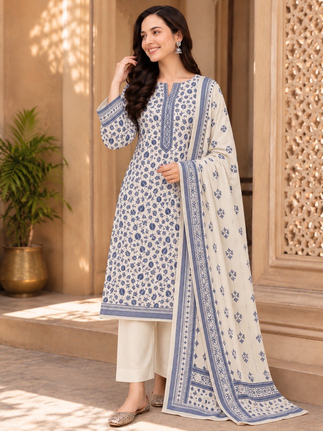 White & Blue Pritned Kashmira Wool Marina 3 Piece