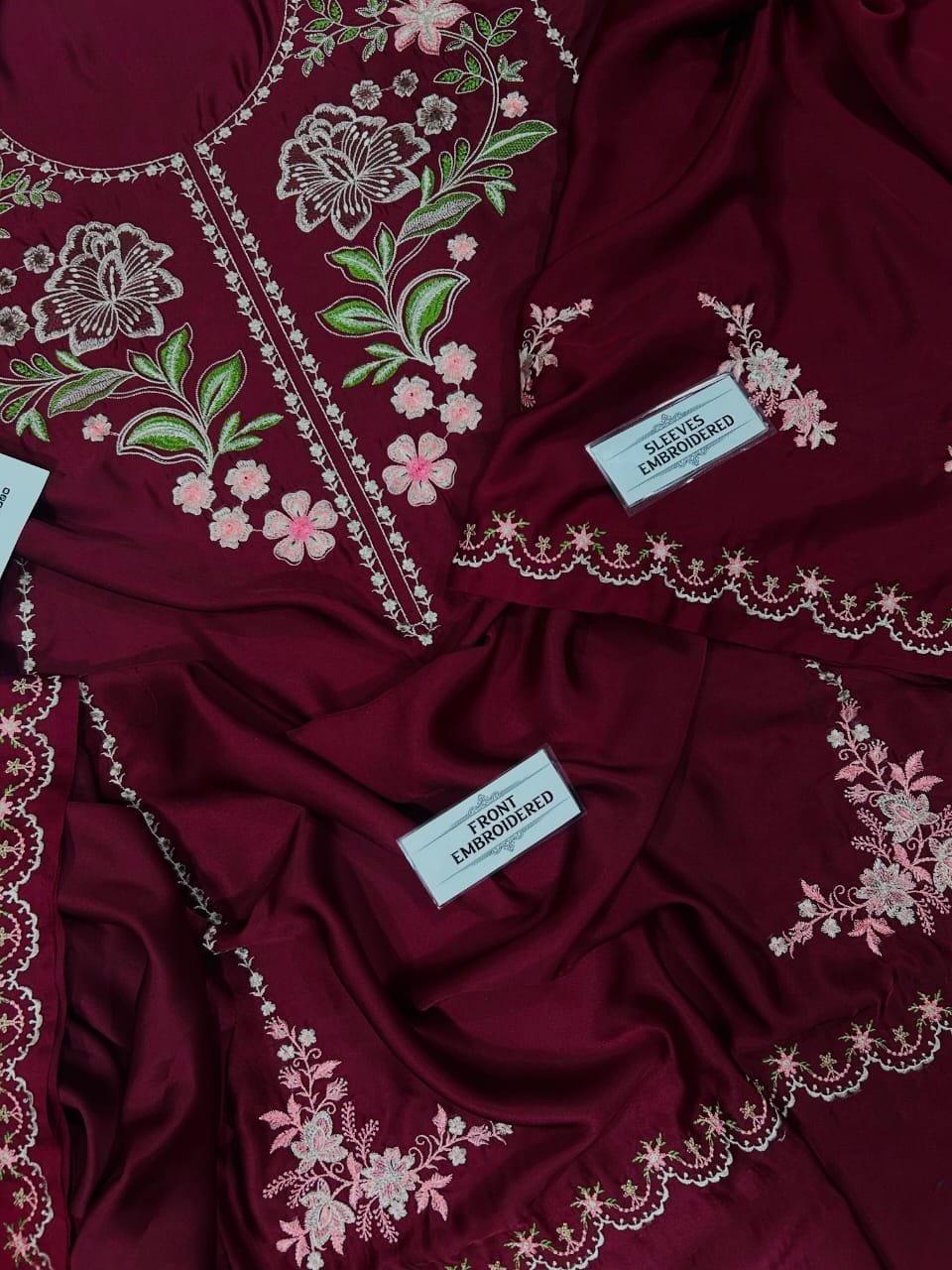 Garnet Red Elegant Heavy Embroidered Silk 2-Piece Unstitched Suit Image 2