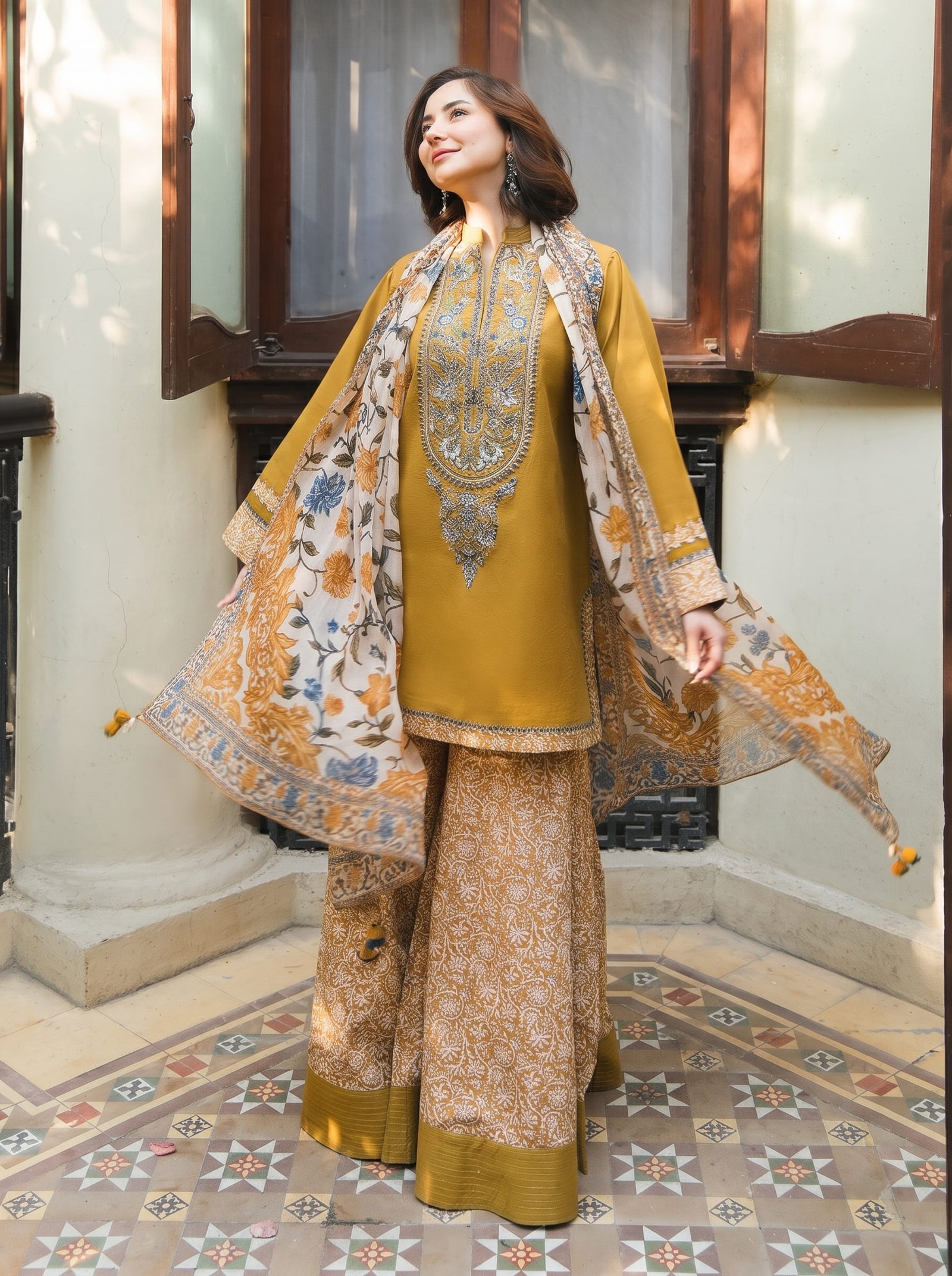 Amber Majesty Ethnic Pure Dhanak 3-Piece Embroidered Dress with Pashmina Wool Shawl Image 2