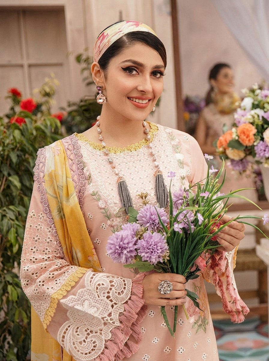 Mushq Ethnic Pure Dhanak 3-Piece Embroidered Dress with Pashmina Wool Shawl
