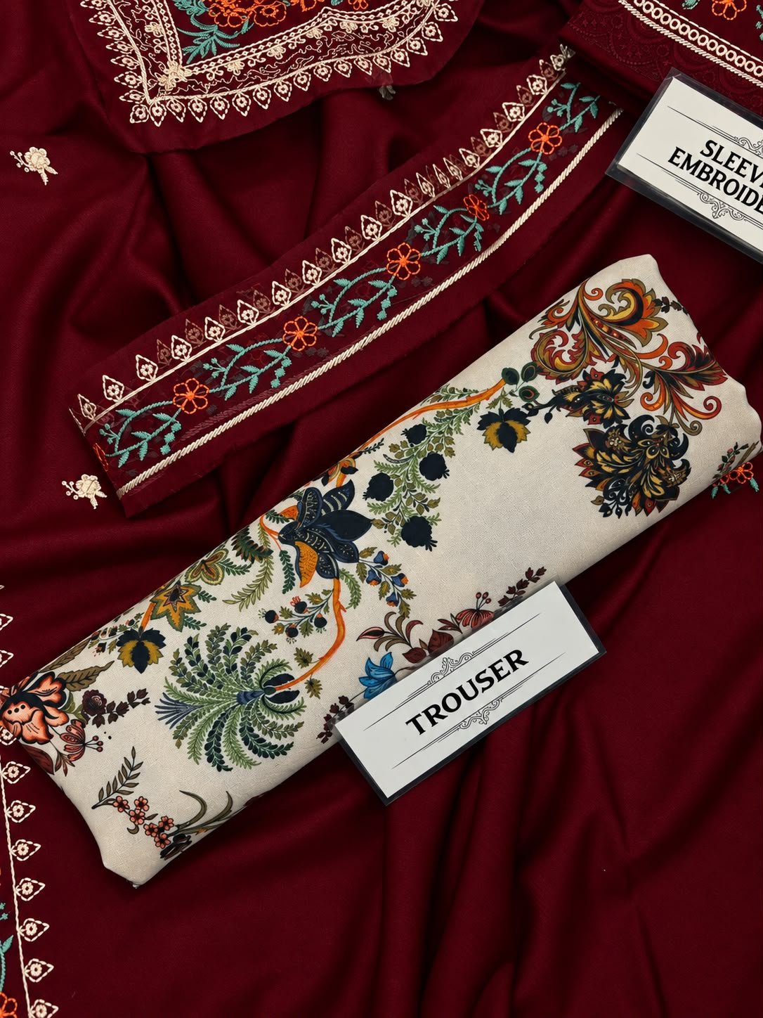 Maroon Red Winter Dhanak 3 Piece Embroidered Suit with Shawl & Printed Karandi Trouser Image 2