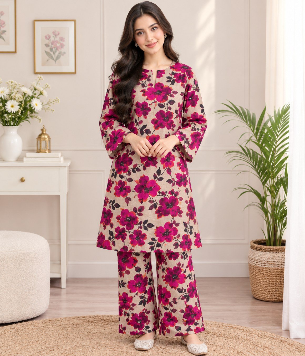 Pink Floral Khaddar 2 Piece Unstitched Suit