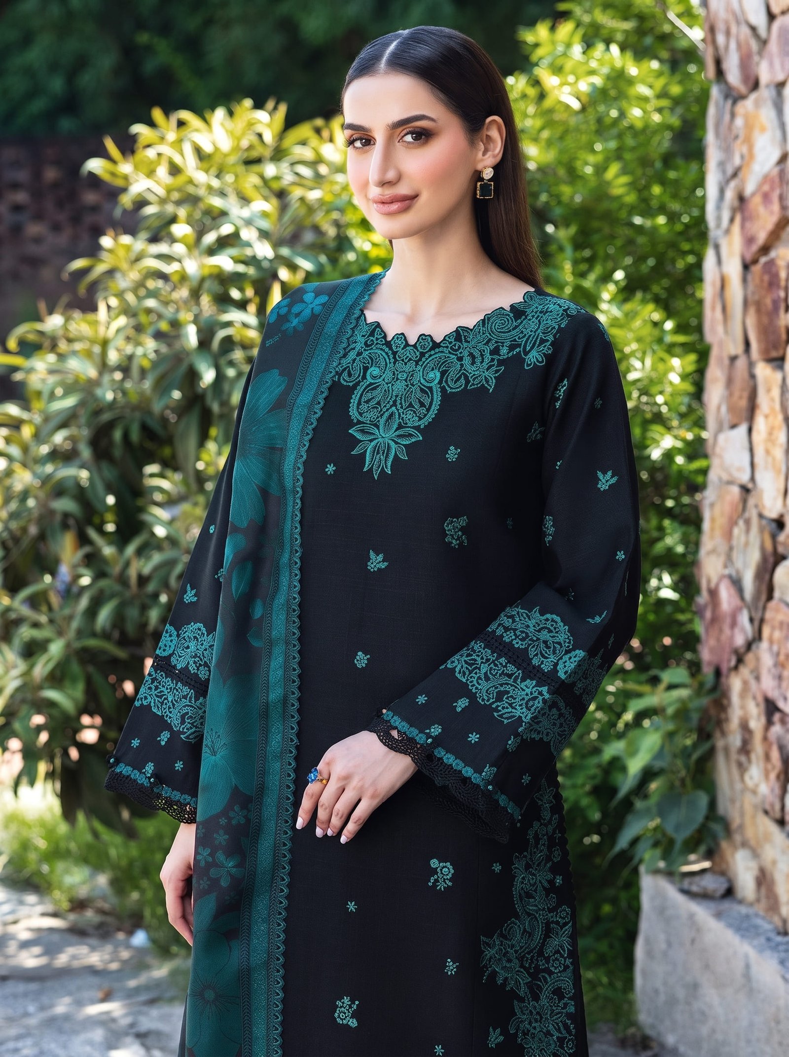 Teal & Black Ethnic Pure Dhanak 3-Piece Embroidered Dress with Pashmina Wool Shawl