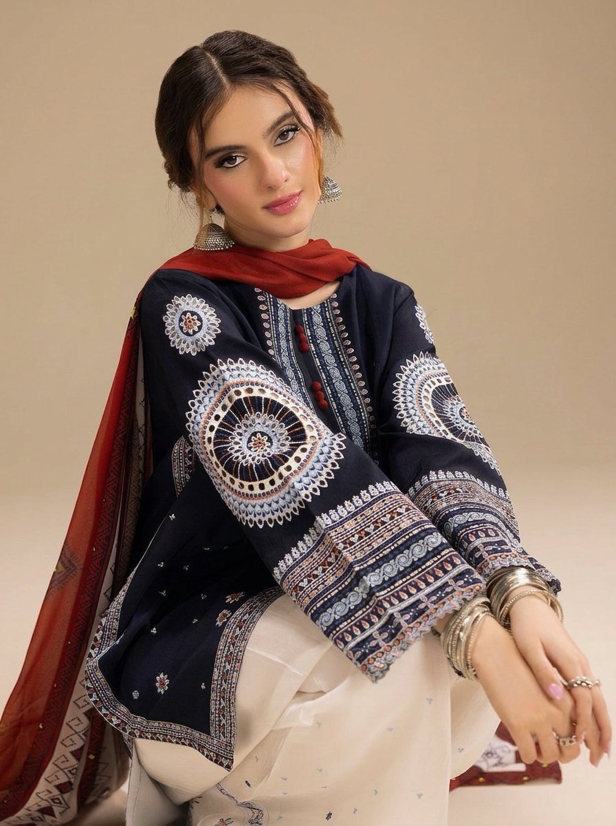 Navy Blue Ethnic Pure Dhanak 3-Piece Embroidered Dress with Pashmina Wool Shawl Image 2