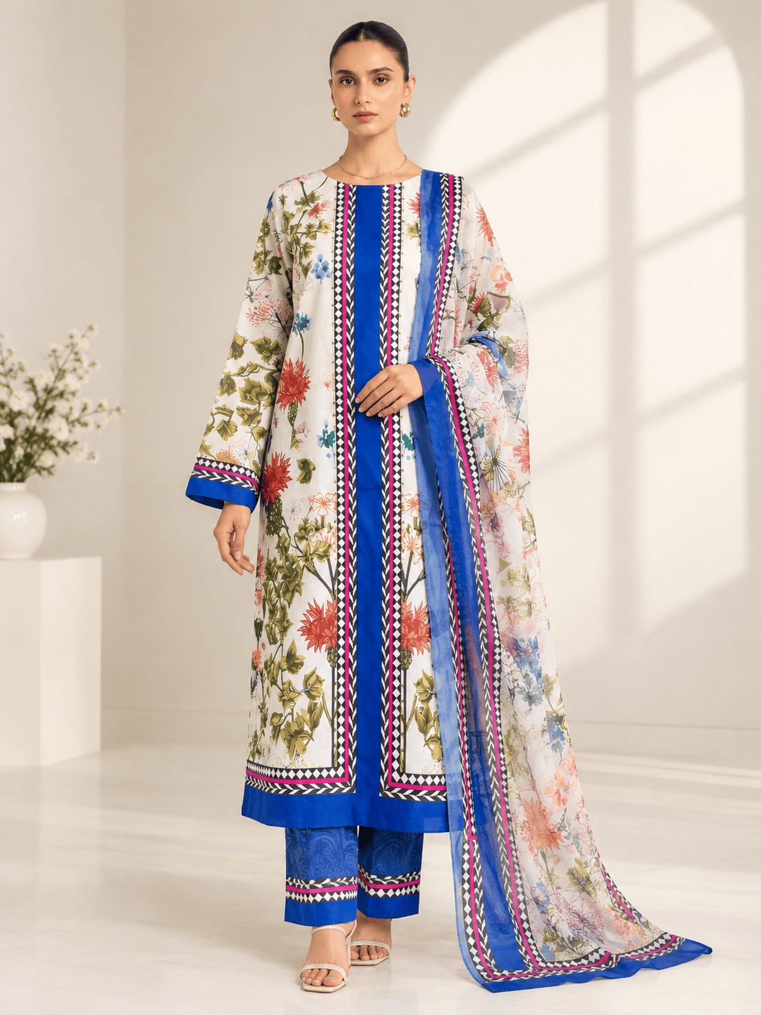 Floral Blue Digital Printed Silk 3 Piece Unstitched Suit 2026 | Premium Silk Collection