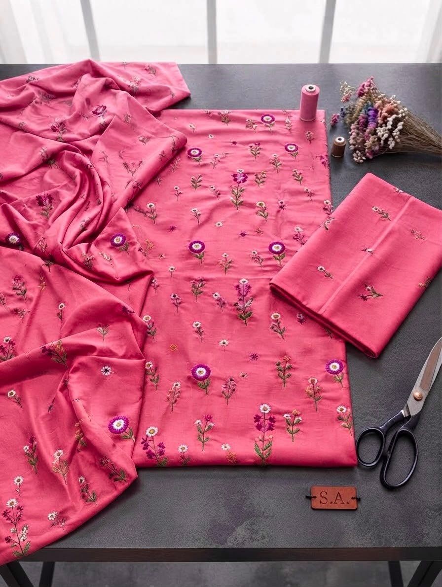 Rose Pink Dhanak Embroidered 3 Piece Suit with Dhanak Shawl Image 2
