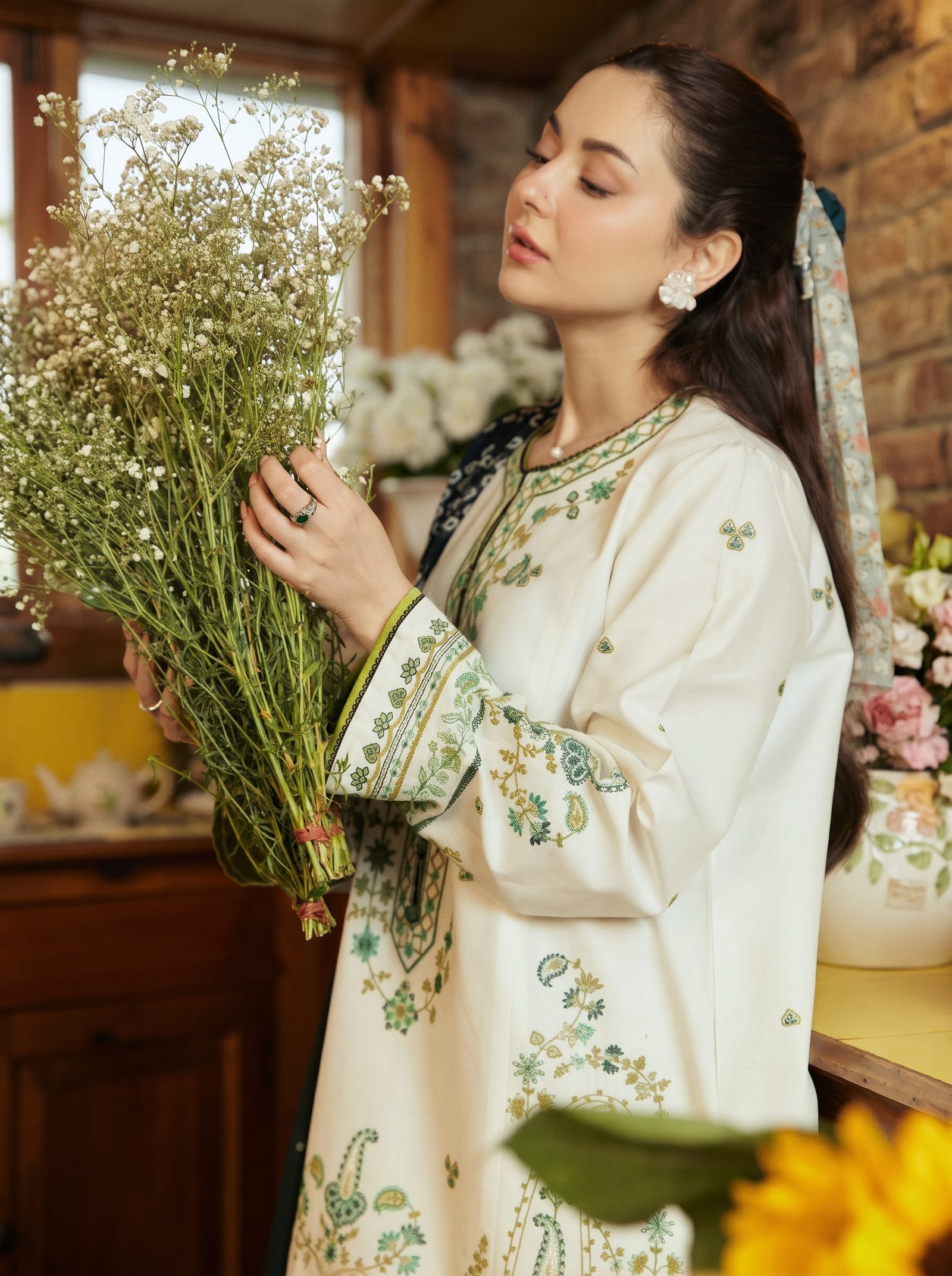 Botanical Grace Ethnic Pure Dhanak 3-Piece Embroidered Dress with Pashmina Wool Shawl
