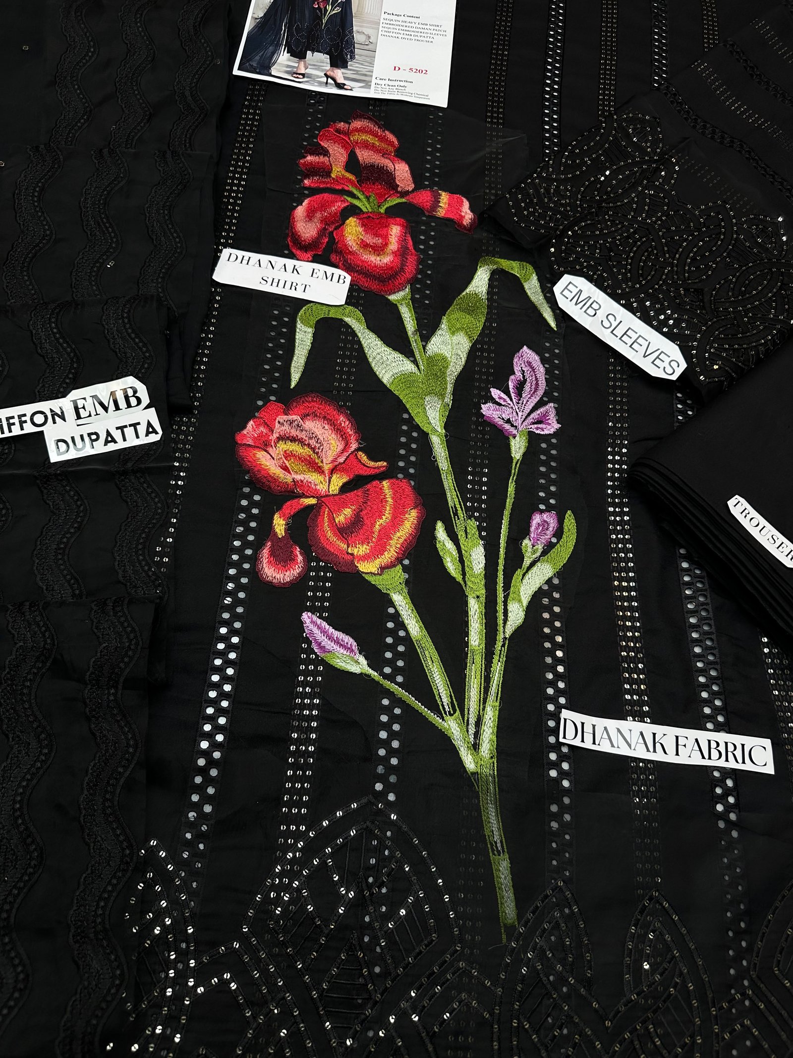 Black Pearl Winter Collection – 3PC Dhanak Embroidered Suit with Luxury Chiffon Embroidered Dupatta & Dyed Trouser Image 4