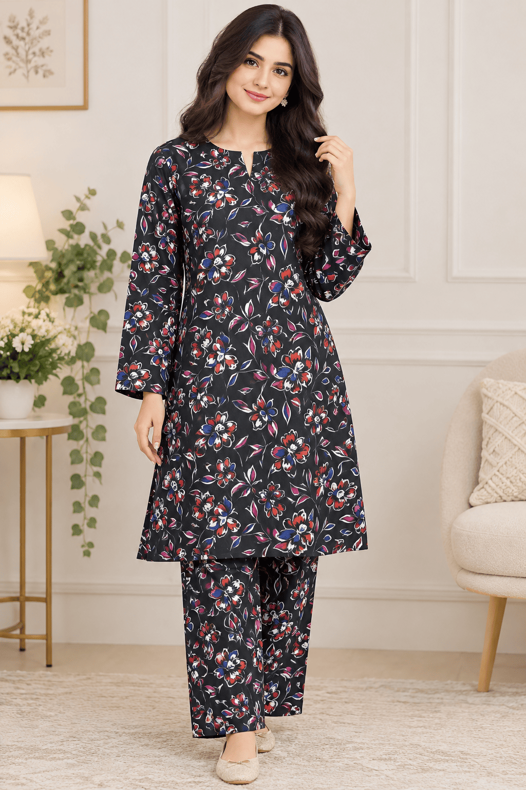 Black Floral Charm Print Khaddar 2 Piece Suit – Digital Printed Winter Collection
